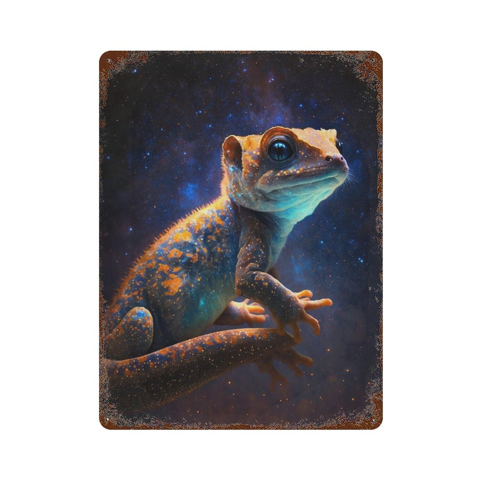 Galactic Lizard in Space Distressed Metal Wall Sign 15.7"x11.8", Shabby Chic Decor for Garage, Pub Or Kitchen