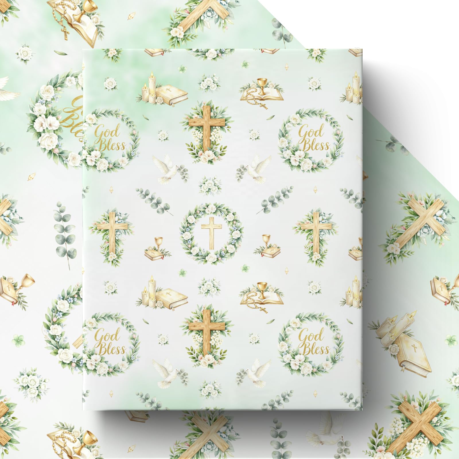 Holy Communion Wrapping Paper, Religious Baptism Gift Wrap for First Communion Confirmation Christening Gifts and Party Decor,50 x 70cm 4 Sheets