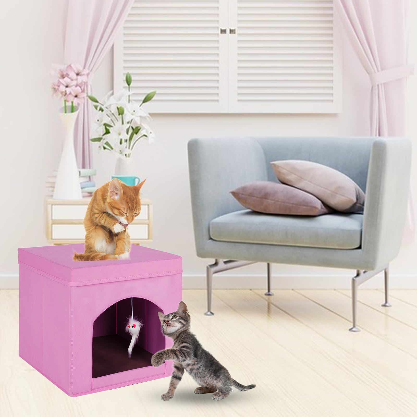 Powerking Cuccia Pieghevole per Gatti o Gattini, Cubo per Felini, 33 x 33 x 33 cm, Rosa