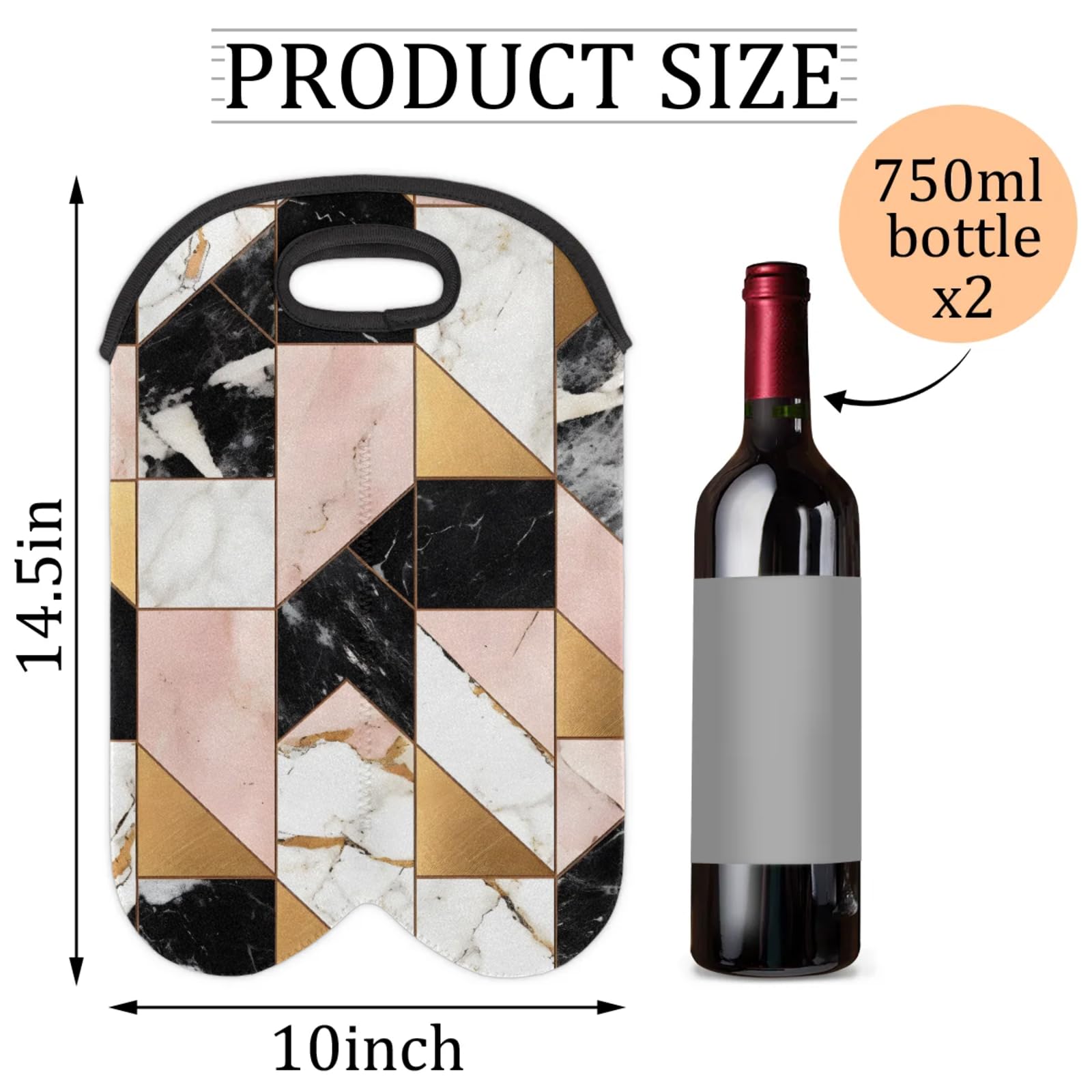 GzLeyigou 2 Bottles Geometric Pattern Wine Bag Sleeve Totes Marble Texture Neoprene Protective Wine Carrier Bag for Wine,Water, Champagne, Beer, Baby Bottles,Gift 14.5 x 10 Inches