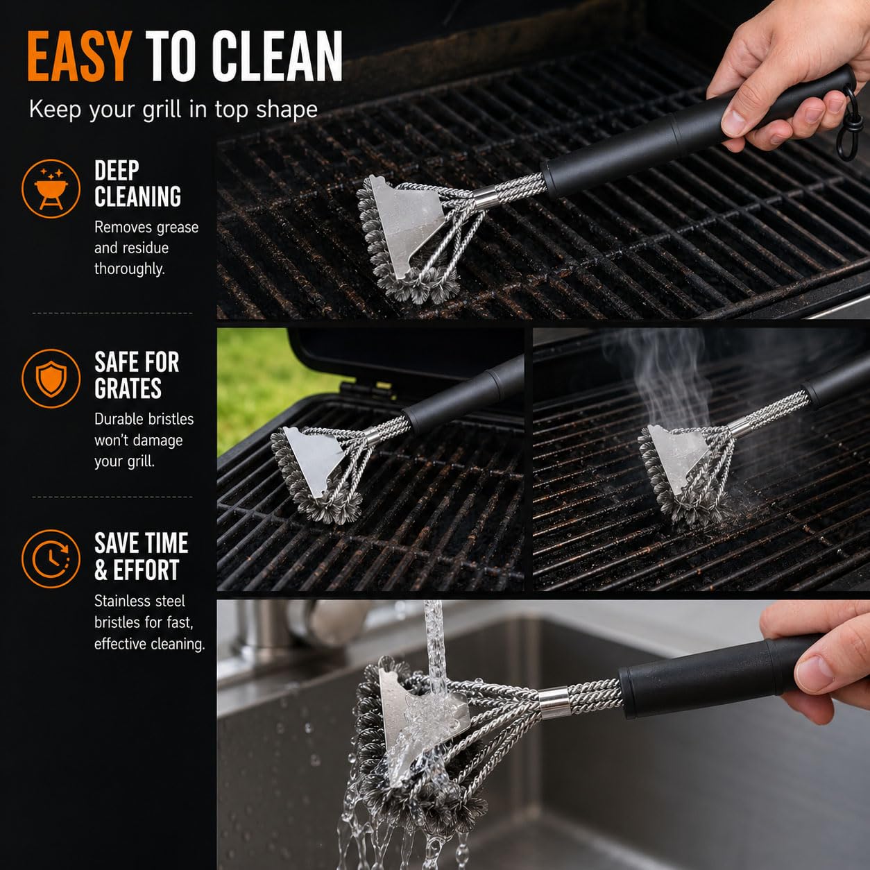 3PCS Cepillo Barbacoa Limpieza para Royal Gourmet Gas Grill and Pizza Oven | 17.3"Cepillo de 3 Cabezales en Espiral con Raspador 16.4"Cepillo con Espirales Superpuestas 17.5"Cepillo 3 Filas con Raspador