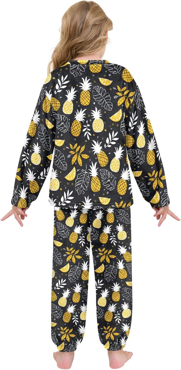 Kids Flannel Sets Tropical Hand Drawn Pineapples Warm Plush Relaxed Clothing for Boys and Girls