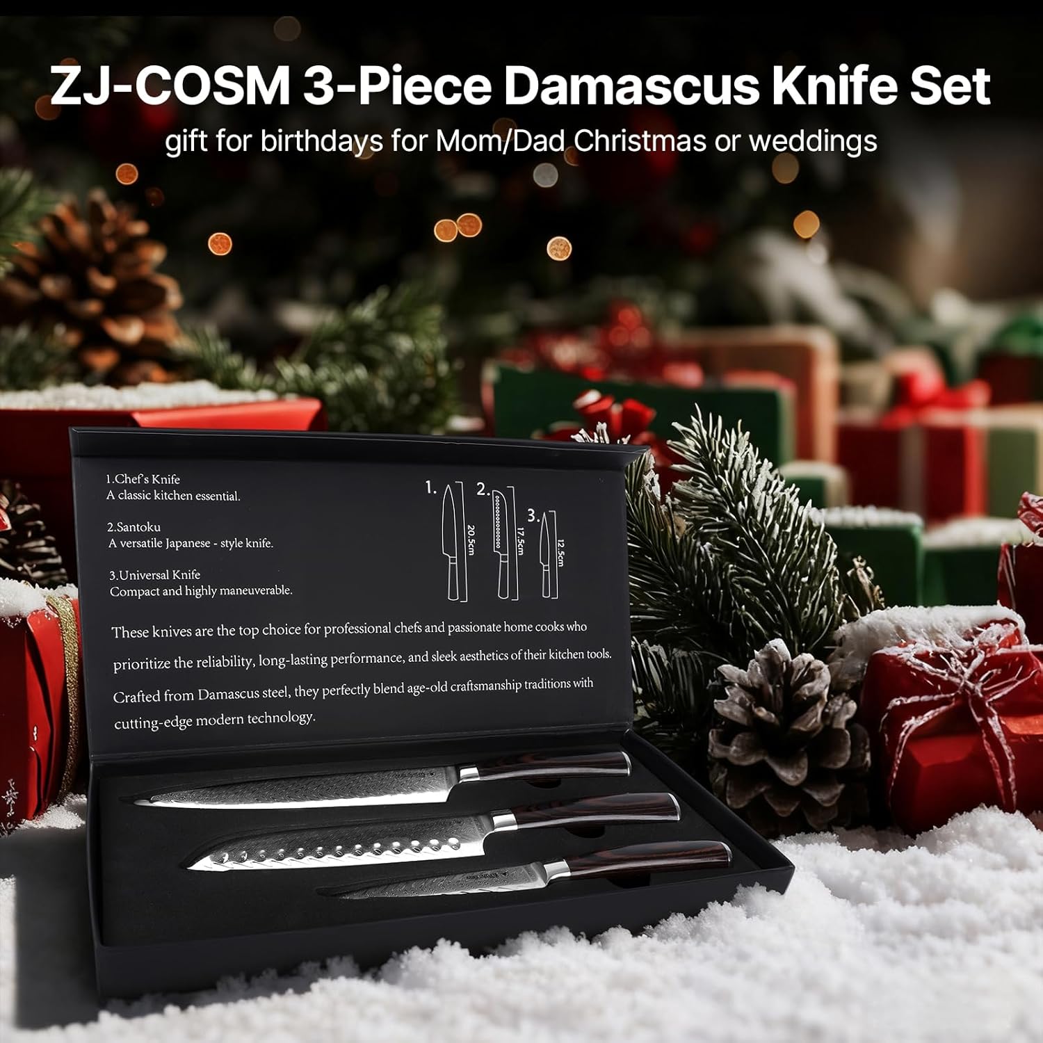 Damascus Knife Set, 3PCS Ultra Sharp Professional Japanese Kitchen Knives with Pakkawood Handles,VG10 Steel Core Chef Knife Set for Gift for Mom Dad-Gift Box - Image 5