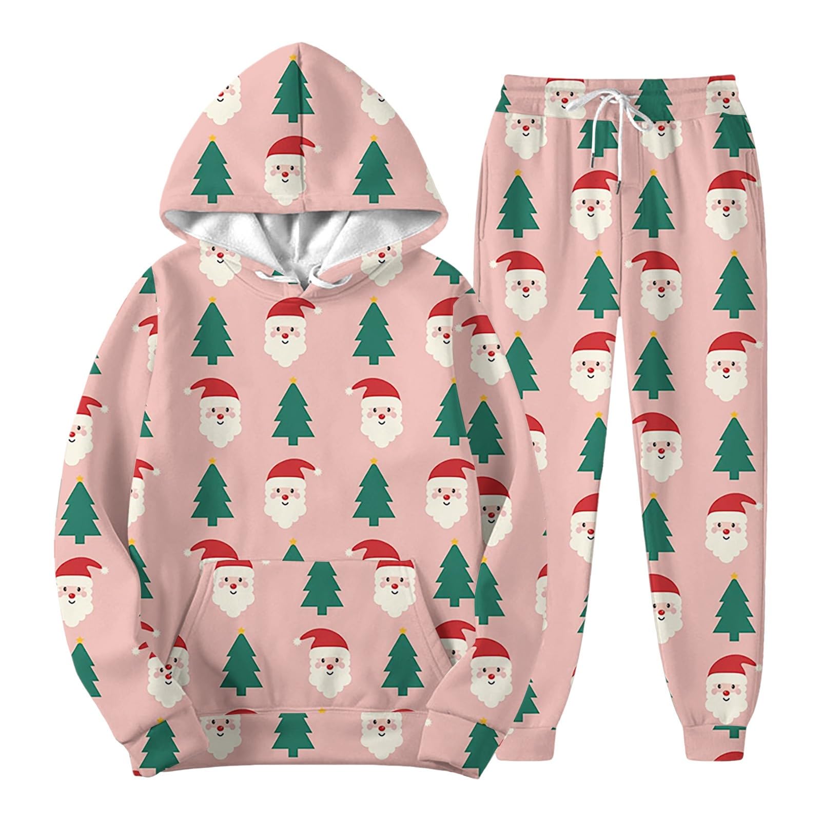 2 szt. Świąteczny zabawny dres męski Święty Mikołaj kombinezon oversize z długim rękawem z kapturem i spodnie dresowe zestaw do biegania wakacje sport siłownia ubrania kostiumy z kieszeniami, różowy