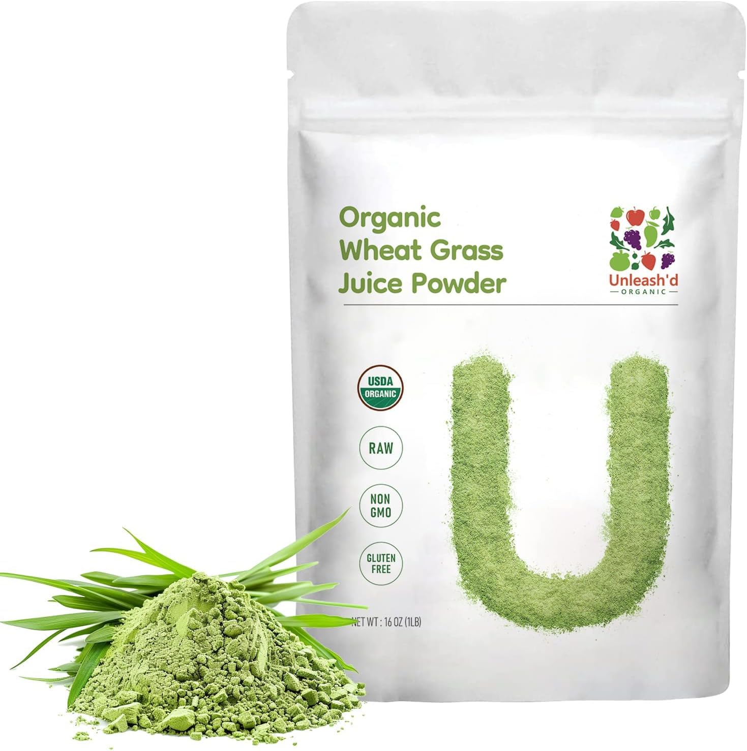 UNLEASH'D ORGANIC Organic Wheatgrass Juice Powder 16oz – 100% Pure Superfood, Immune & Energy Boost, Detox Support