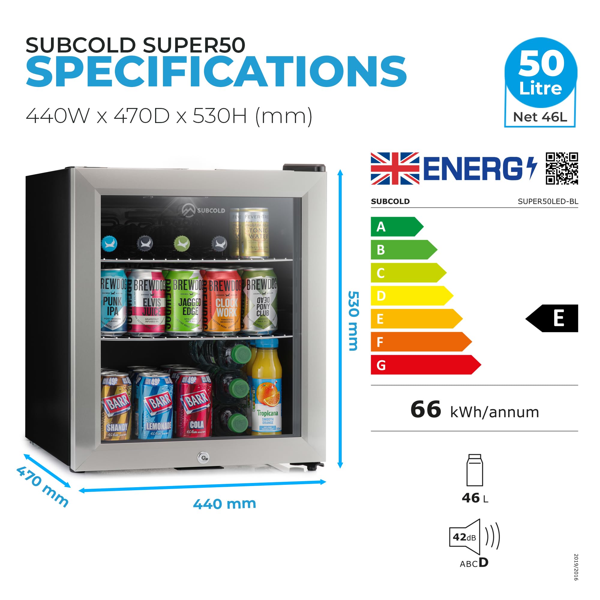 Subcold Super50 LED – Mini Fridge | 50L Beer, Wine & Drinks Fridge | LED Light + Lock and Key | Energy Efficient (Stainless Steel) — view 11