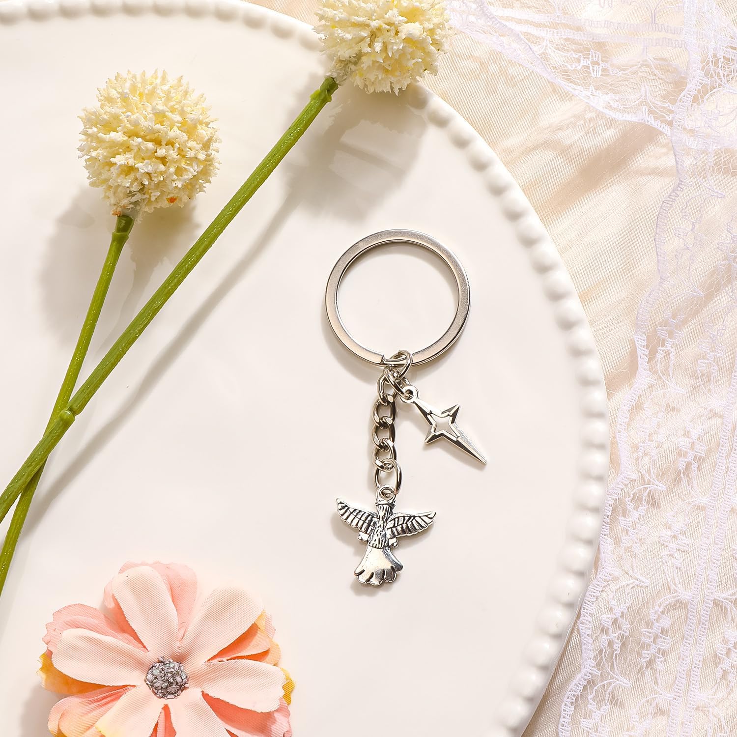 Angel Keychain Lucky Keychains with Four-Pointed Star Charm for Birthdays Memorial Keychain Funeral Favors Gift for Loved Ones - Image 3