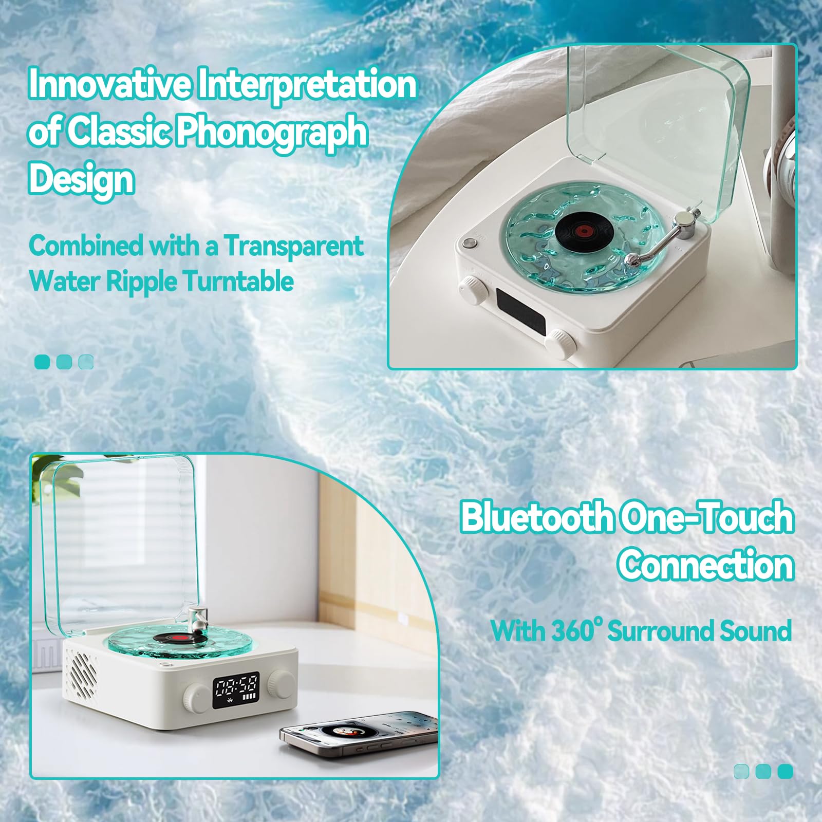 Waves - Altoparlante in vinile Bluetooth, con luce RGB e effetto onde d'acqua, 3 modalità stereo, con 4 suoni della natura, compatibile con scheda TF e modalità AUX (bianco)