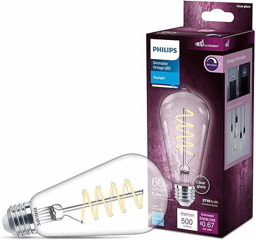 Miniatura 1 de Philips LED Espiral transparente vintage sin parpadeo ST19 regulable, tecnología EyeComfort, 500 lúmenes, luz diurna (5000 K), 5.5 W  60 W,