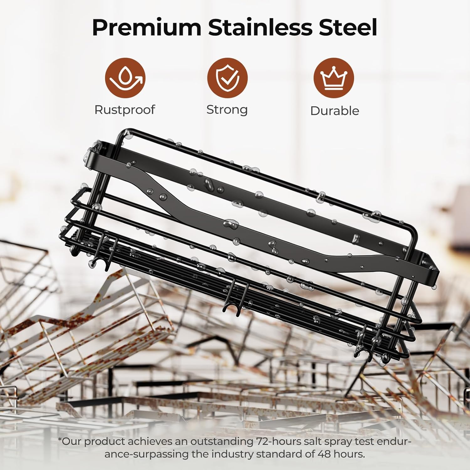 Orimade Adhesive Shower Caddy Shelf with 5 Hooks Organizer Storage Rack Rustproof Wall Mounted Stainless Steel No Drilling for Bathroom, Toilet, Kitchen - 2 Pack,Black