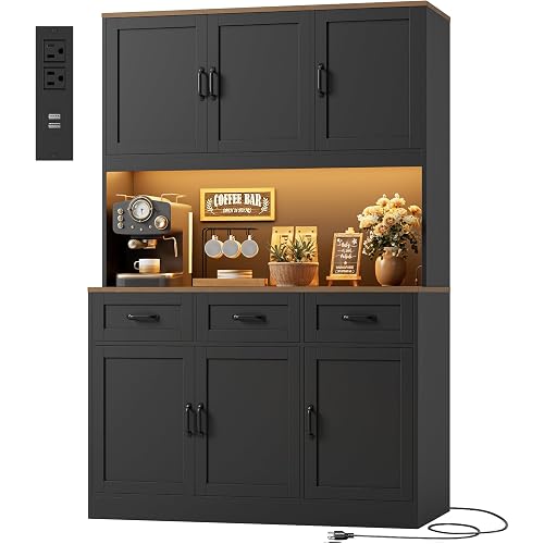 HOSTACK Kitchen Pantry Cabinet, Tall Kitchen Hutch Cabinet, Black/Brown | 47"W Food Pantry Cabinet with Smart LED / Charging Station / Countertop / 3 Large Drawers, 72"H Storage Hutch for Dining Room
