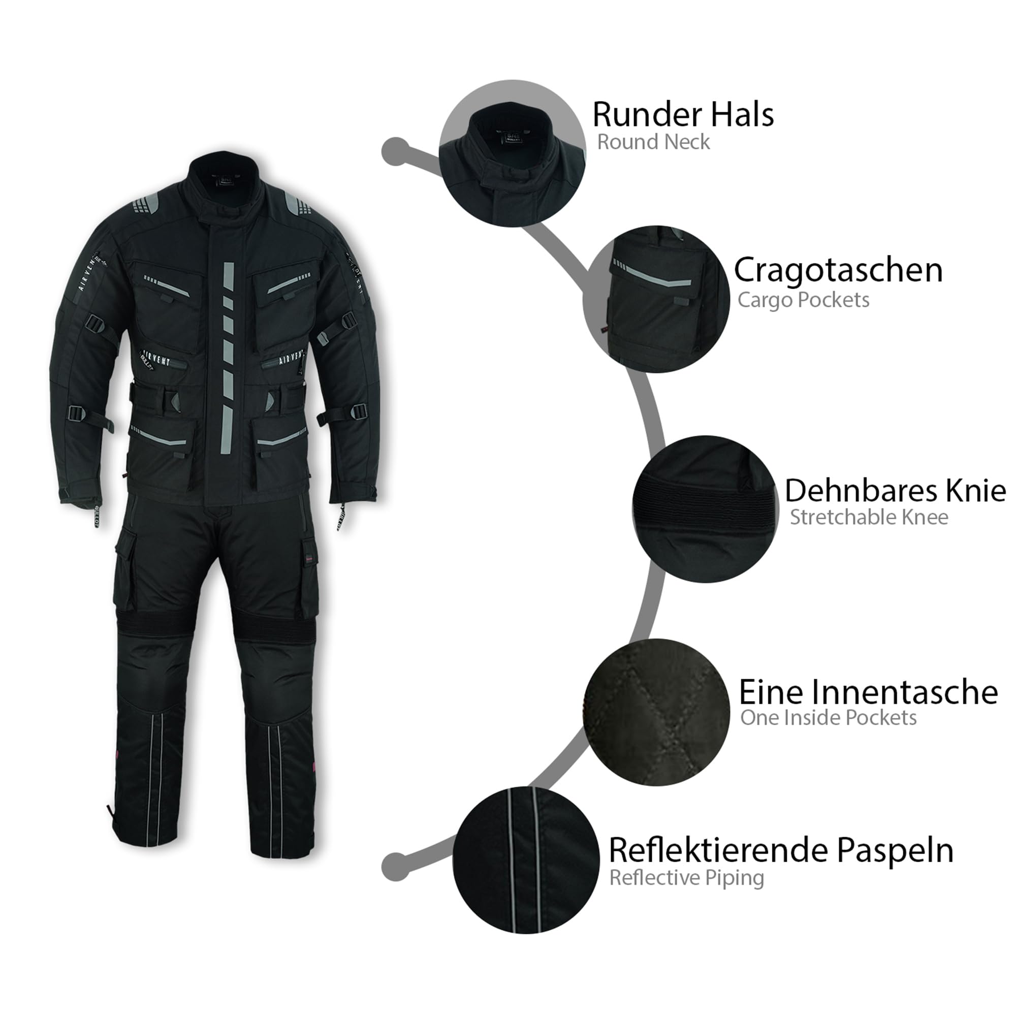 BULLDT Herren Motorradkombi Textilien motorradjacke + Motorradhose inkl. Protektoren, 58/3XL, Schwarz