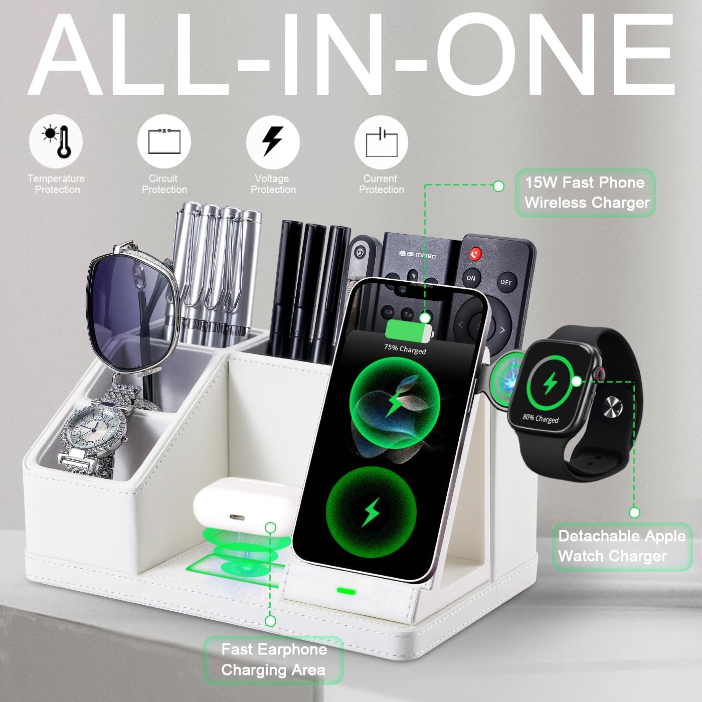 White Leather Desk Organizer with Wireless Charger – 3-in-1 Charging Station for Phone, Watch & Earbuds, 4-Compartment Remote & Office Supplies Caddy for Home Office, Gifts for Women & Men (white)