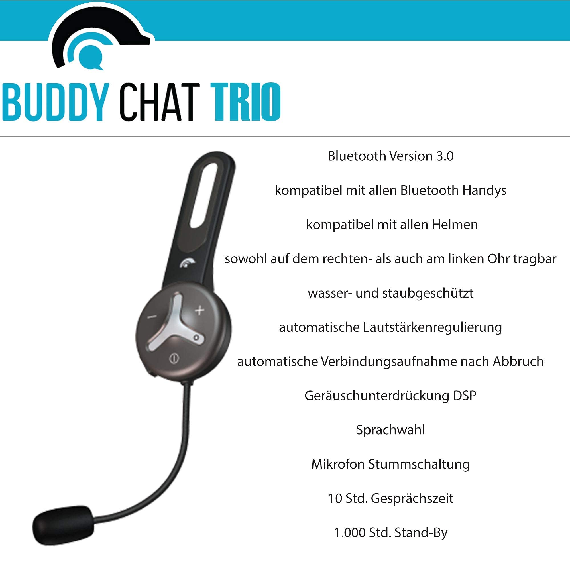 Trio – Citofono con 3 moduli auricolari Bluetooth con portata fino a 1 km – vivavoce con cancellazione del rumore DSP e connessione smartphone