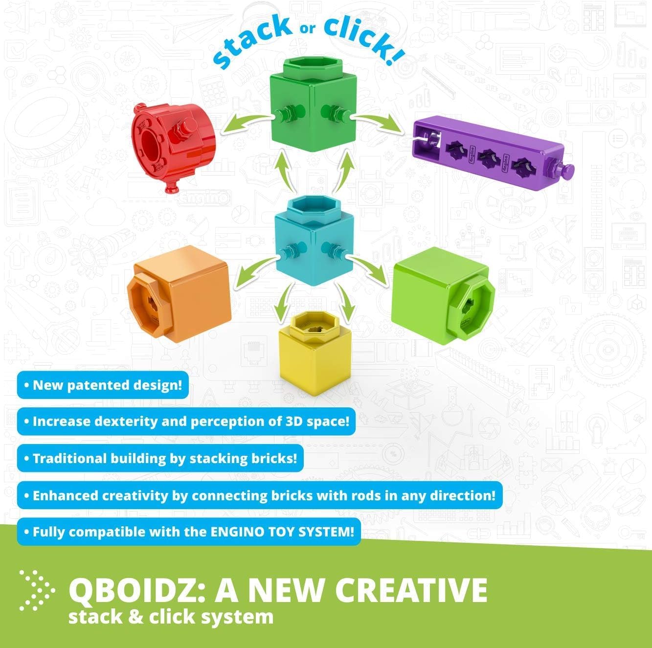 Diagram showing how Engino QBOIDZ blocks stack and connect with rods