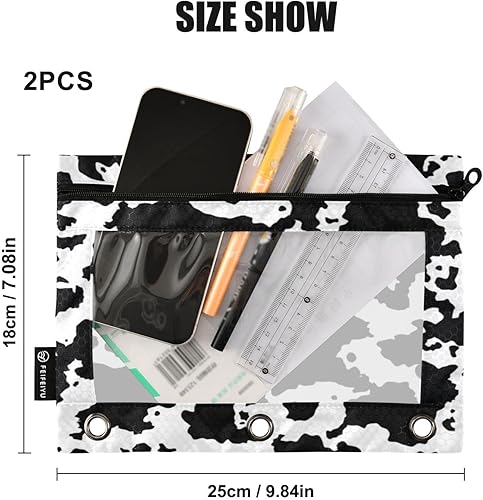 Miniatura 3 de Kigai Carpeta con estampado de vaca, estuche para lápices de 3 anillos, estuche con cremallera y bolsa transparente para lápices, paquete de 2