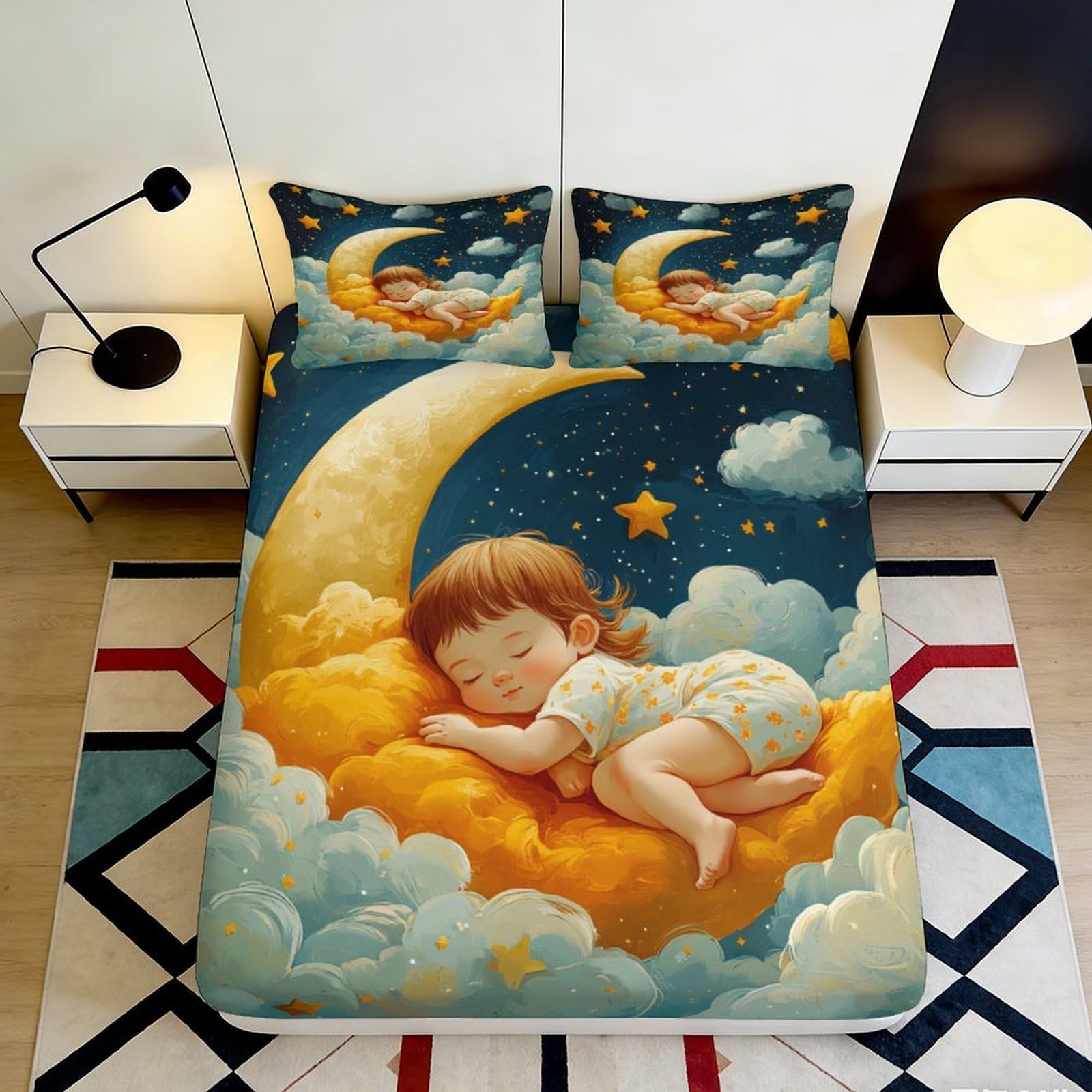 3D Printed Sleeping Baby Moon Fitted Sheet Microfiber Soft Breathable Starry Sky Bed Cover for Bedroom Dormitory Guest Room Mattress Protection Decor 200x200x25cm