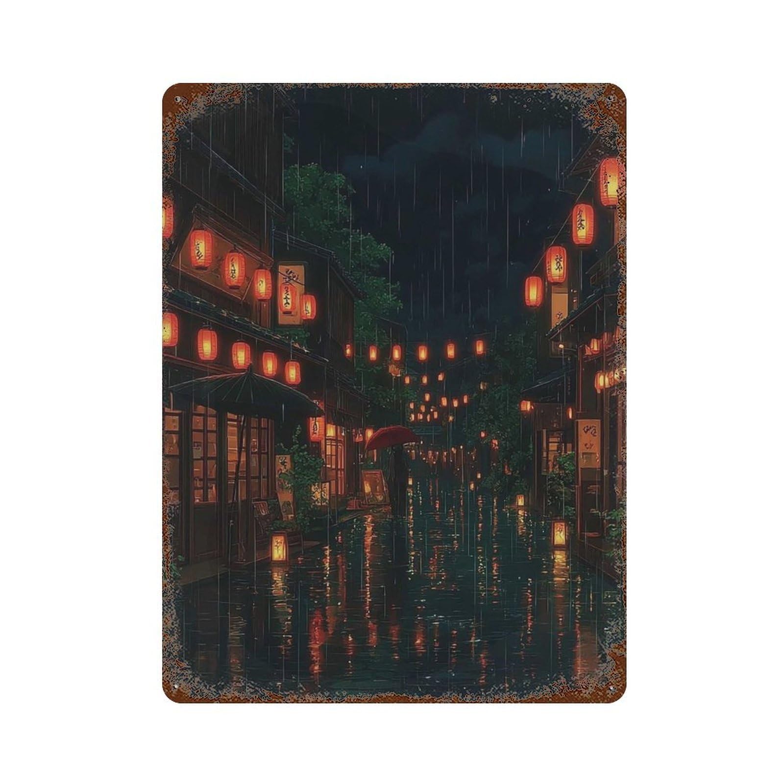 xiaoxiaoshen Rainy Night in Japanese Alley Street Lanterns And Reflections Urban Cityscape Wall Decor Art Metal Tin Poster Modern Home Decor Art Home Bar Shop Decorations Vintage Sign 40x30cm