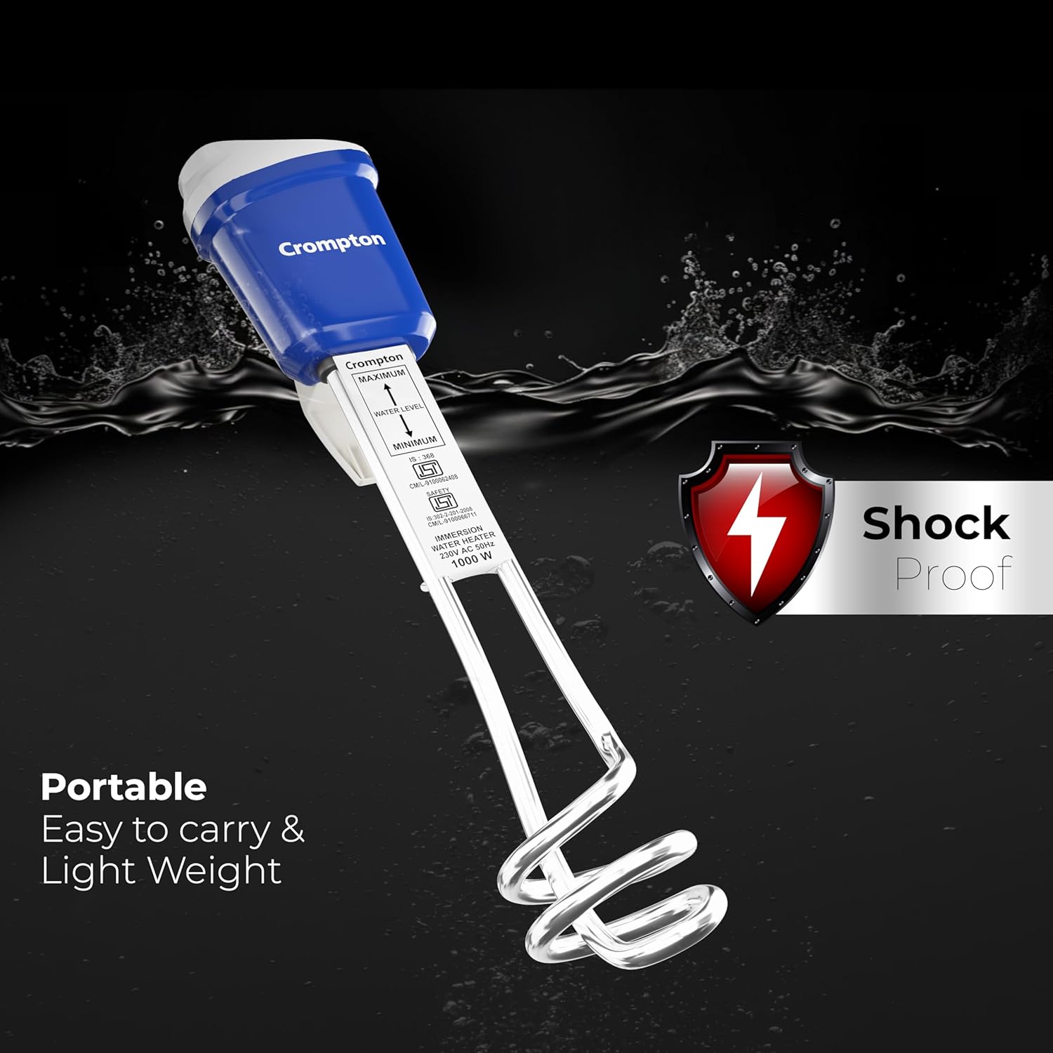 Crompton IHL 251 Immersion Water Heater with water level markings and Shock Proof feature