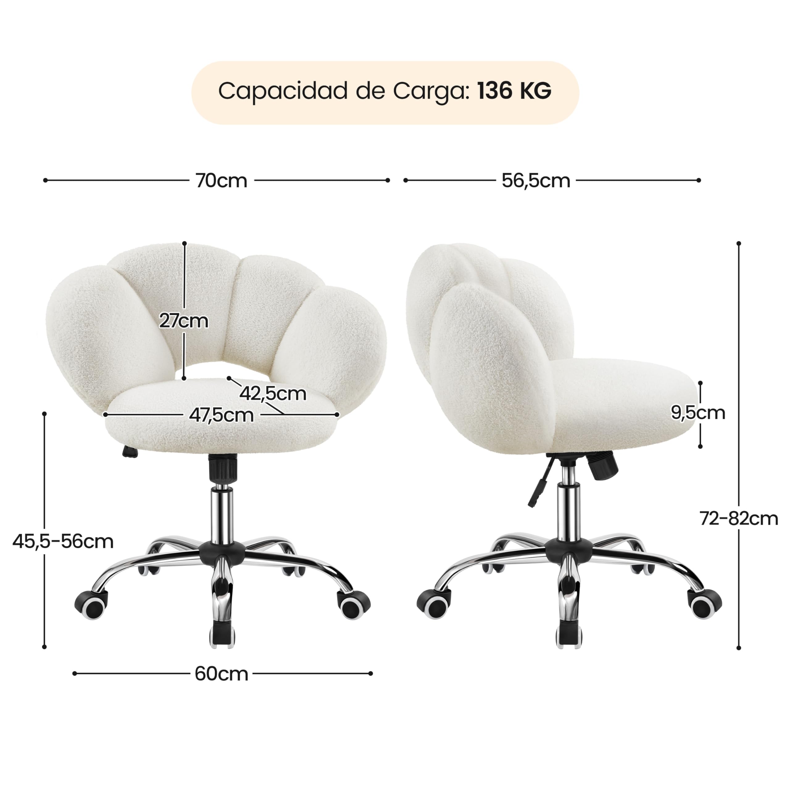 Yaheetech Silla de Escritorio Silla de Oficina Ergonómica sin Brazos Tapizada Blanca con Ruedas Giratorias Respaldo Diseño Nube en Tejido Bouclé Altura Ajustable