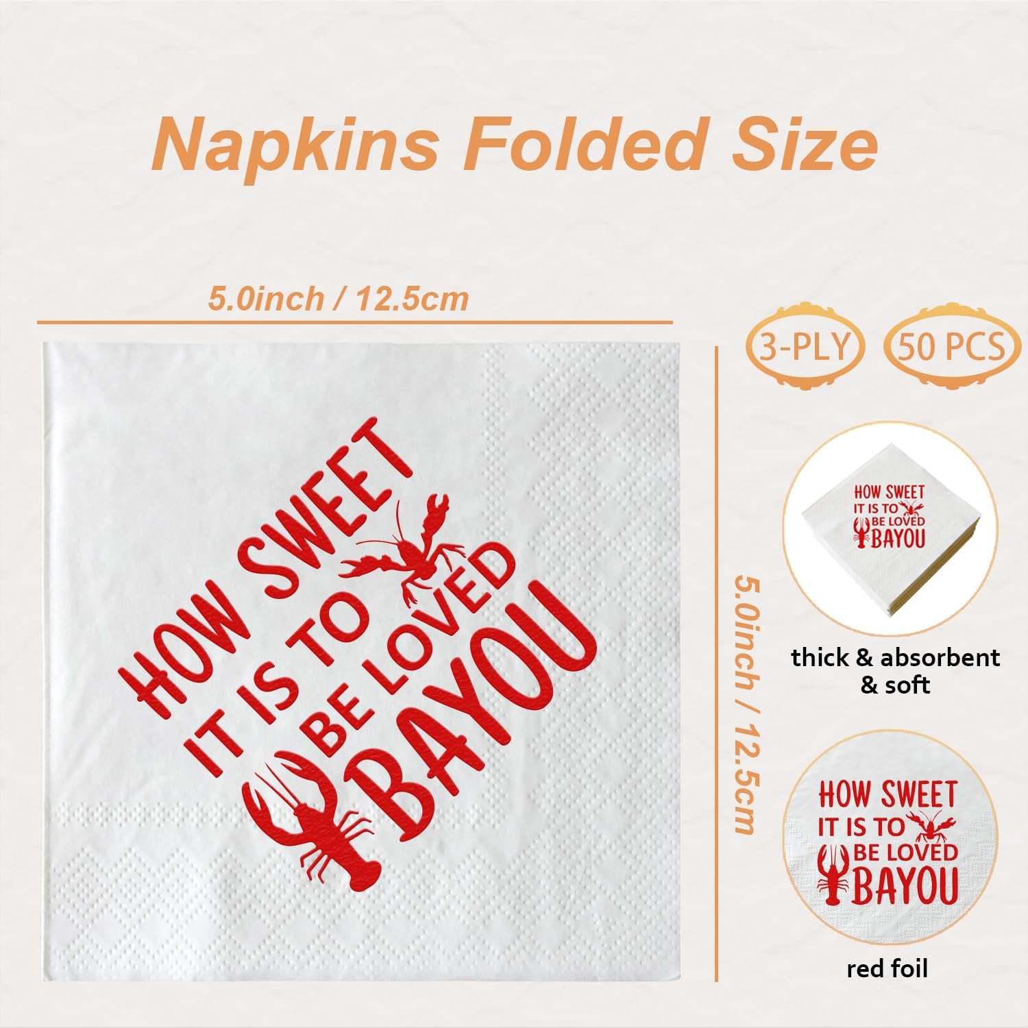 How Sweet It's to Be Loved Bayou Napkins Louisiana Cajun Themed for Wedding Engagement Bridal Shower Crawfish Design Red Foil Cocktail Paper 50 Pcs Bar Berverage Napkins 3 Ply
