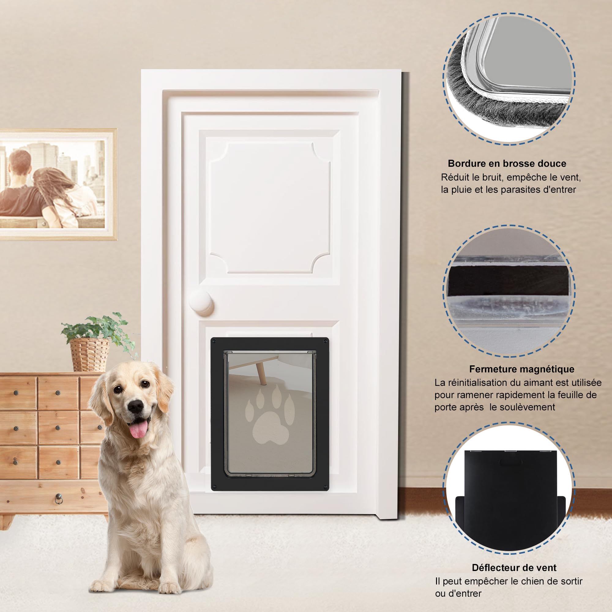 CEESC Clapet pour chiens de grande taille, résistant aux intempéries, pour chats et chiens jusqu'à 45 kg, durable, plaque de fermeture Snap-In incluse, convient pour les portes intérieures et