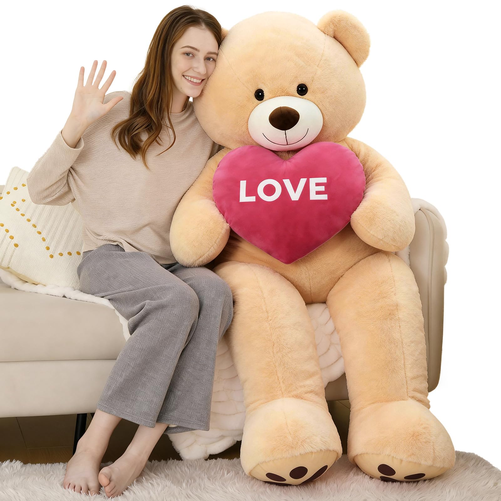 MorisMos 183cm Giant Teddy Bear, 6ft Apricot Love Teddy Bear for Girlfriend, Large Teddies Soft Toy with Heart, Big Cuddly Fluffy Bear Gift for Kids Her Wife Birthday Mothers Day Decor