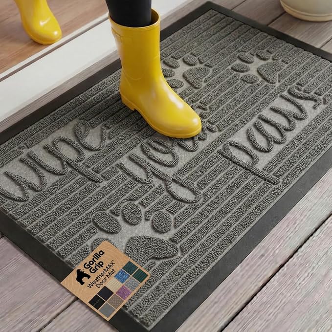 GORILLA GRIP 100% Waterproof All-Season WeatherMAX Doormat US Designed Natural Rubber, Stain and Fade Resistant, Low Profile Indoor Outdoor Door Mats, Easy Clean Patio Mat, 29x17, Stone Paws