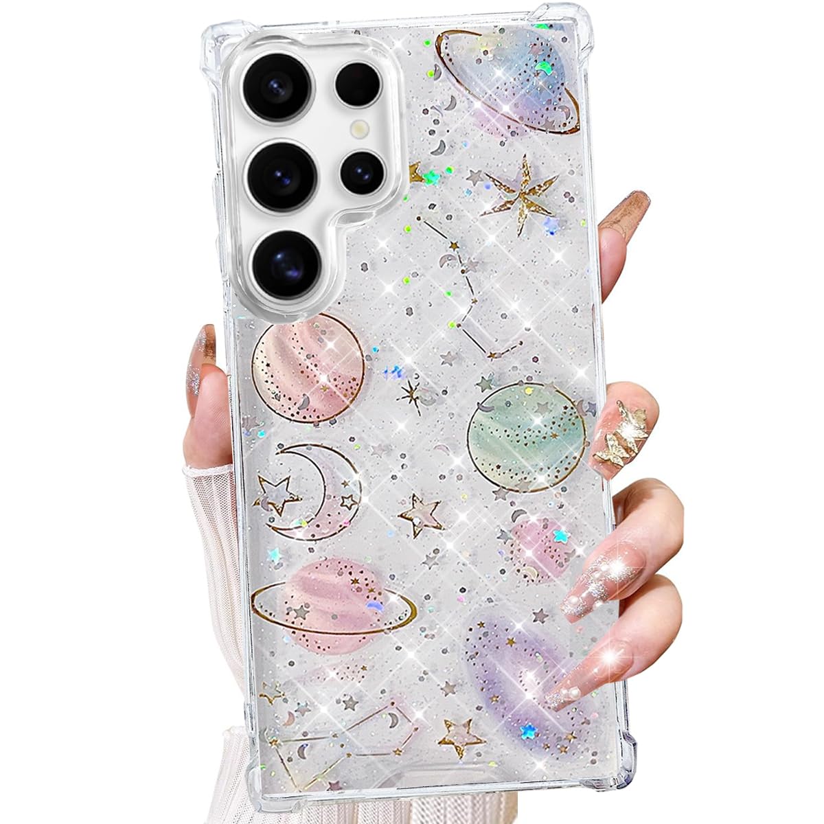 Changjia Funda transparente con purpurina para Samsung Galaxy, diseño de mariposas, planetas, estrellas, luna, universo, poliuretano termoplástico suave, a prueba de golpes, para mujer (transparente,