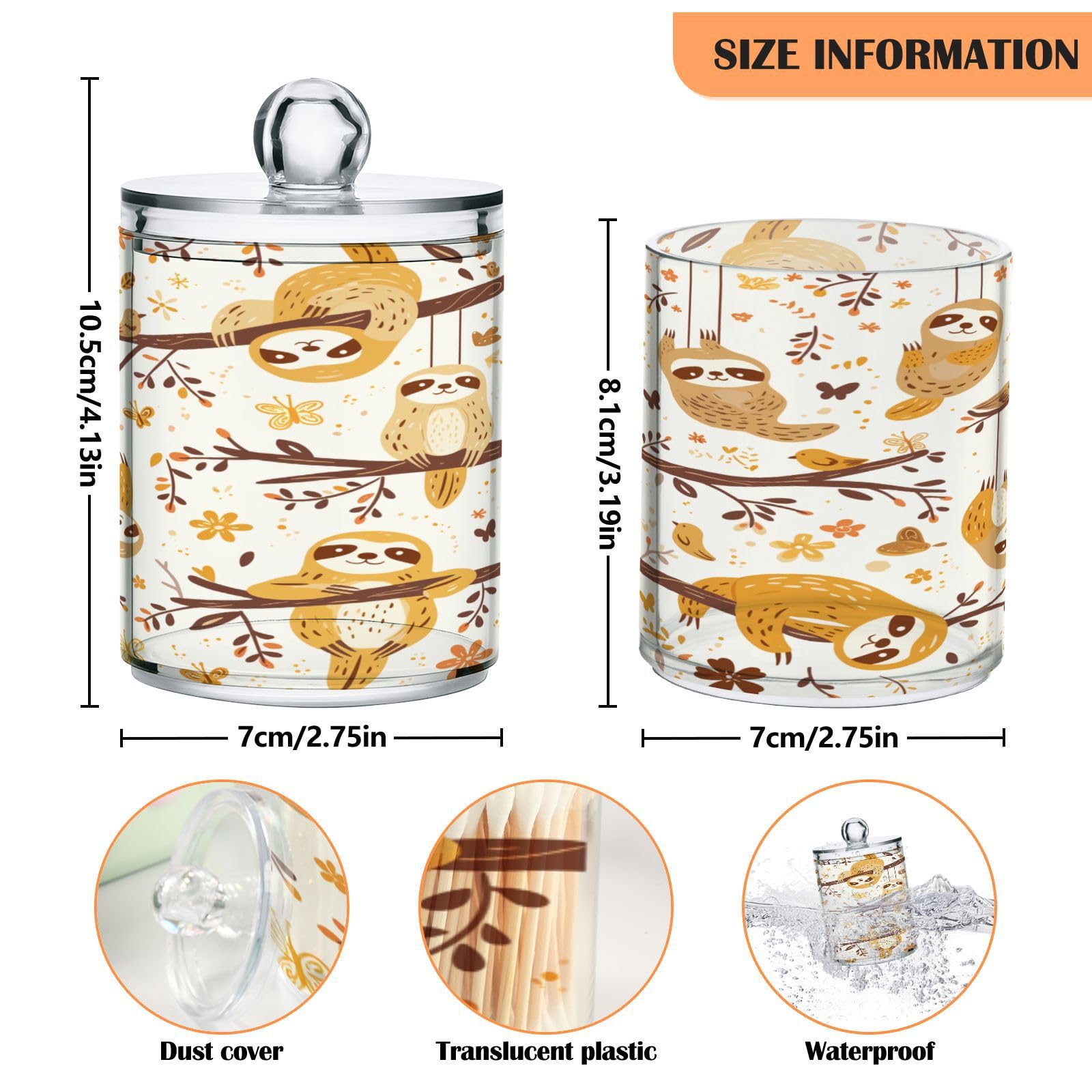 Kigai Cute Sloth Qtip Holder Dispenser 12 oz Plastic Apothecary Jars with Lid Bathroom Containers Makeup Organizer for Cotton Ball, Swab, Round Pads, Floss, 2 Pack