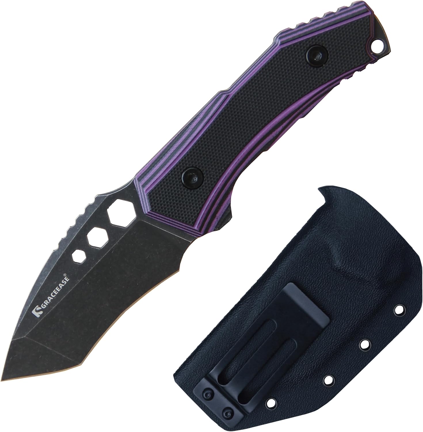 Fixed blade knife anti slip G10 handle with Kydex sheath suitable for outdoor camping and hiking (Purple)