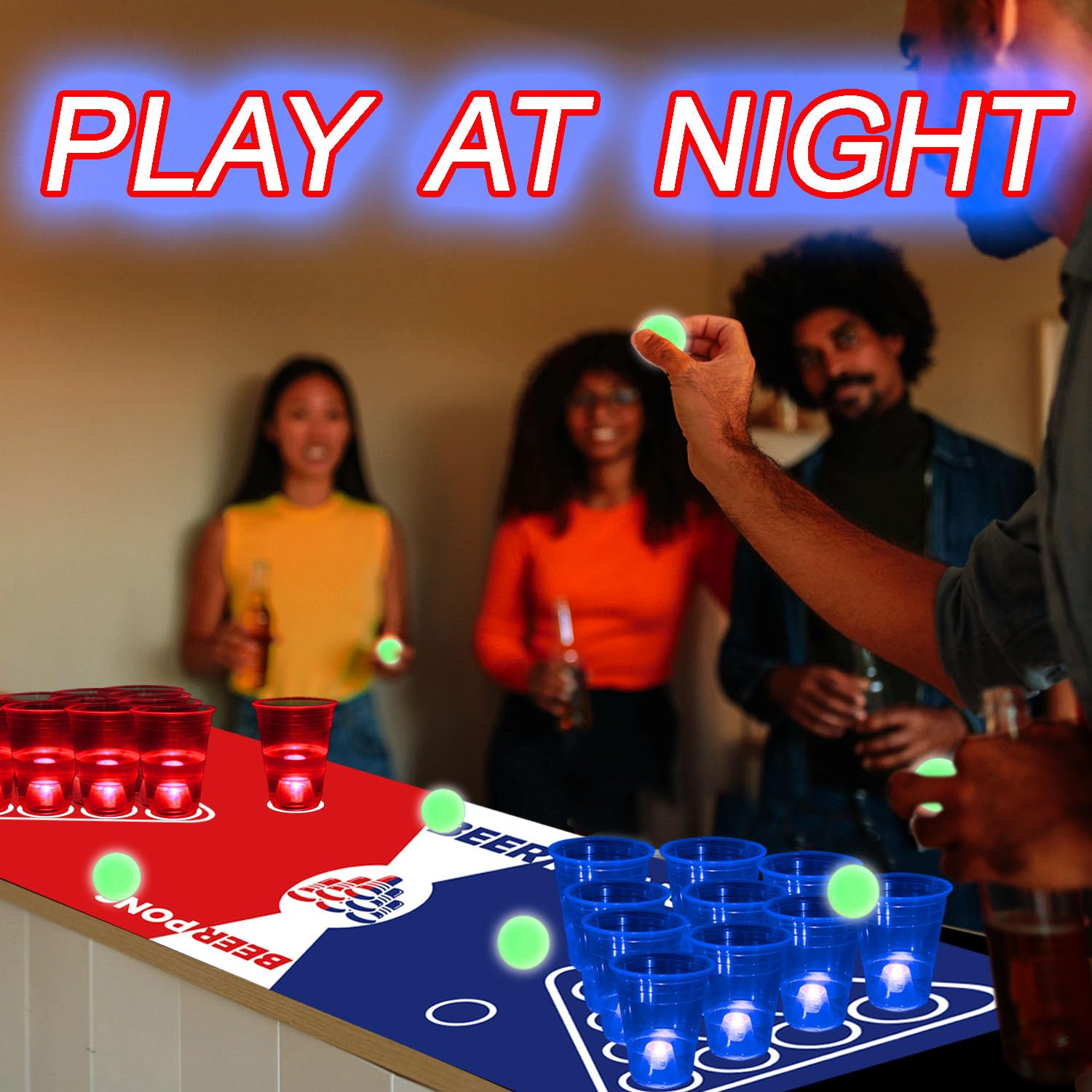 Set di tovagliette da tavolo Glow Beer Pong da 180,3 x 58,4 cm, set portatile per giochi di festa, 22 tazze luminose (rosso e blu), 6 pong luminosi che si illuminano al buio
