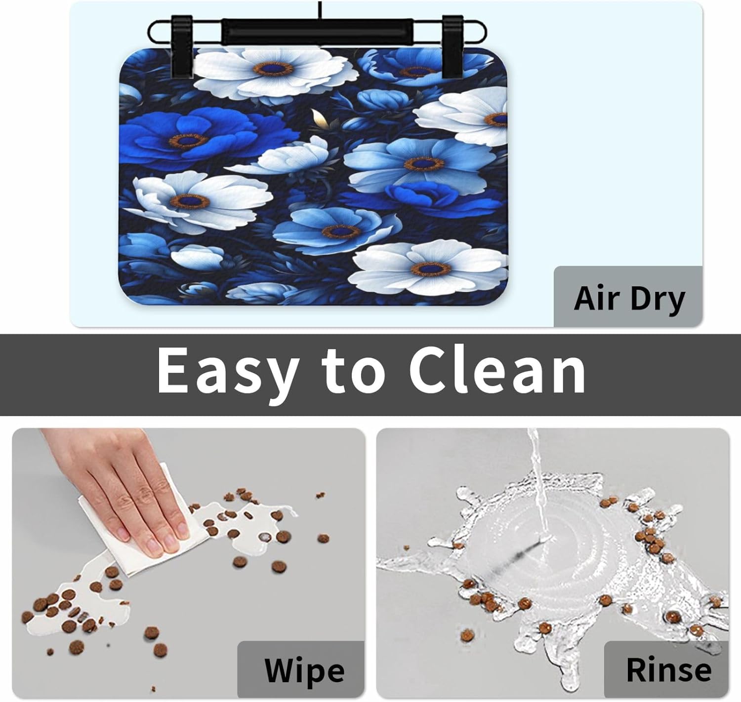 Blue White Floral Pattern Pet Food Mat Dog Non-Slip Feeding Mat Cat Bowl Mats Pets Placemat for Food and Water 40x60cm