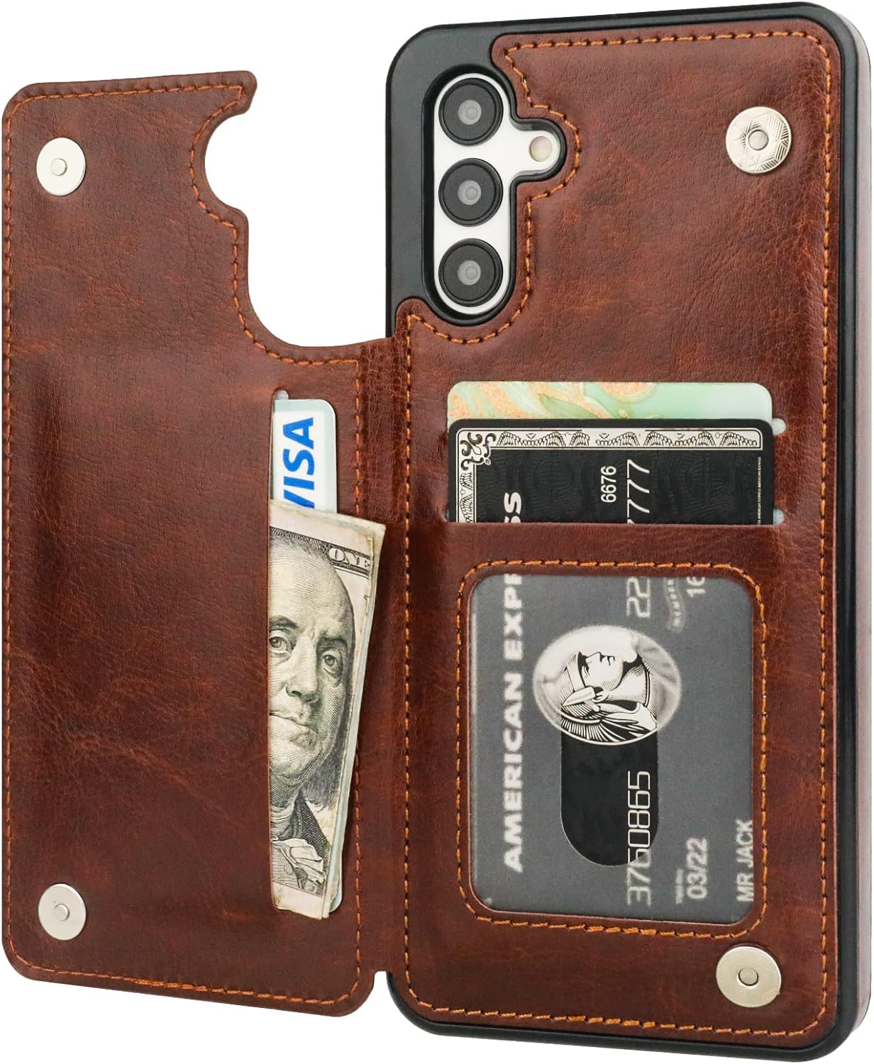 ONETOP Compatible with Samsung Galaxy A13 Wallet Case with Card Holder, PU Leather Kickstand Card Slots Case, Double Magnetic Clasp and Durable Shockproof Cover 6.6 Inch(Brown)