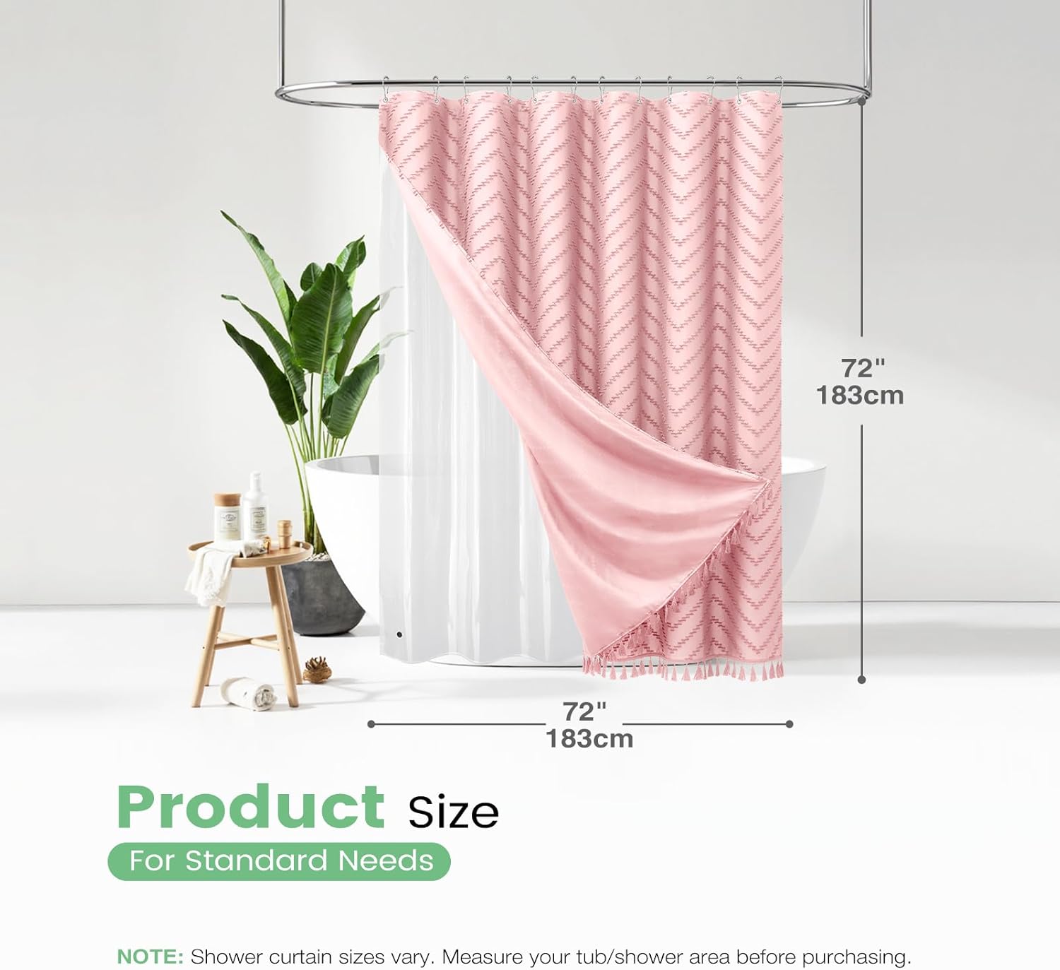 Dynamene Boho Shower Curtain and Liner Set, Tufted Chevron Textured Tassel Shower Curtains for Bathroom and Waterproof Liner with Hook, 72" W x 72" L (Pack of 1), Pink 1
