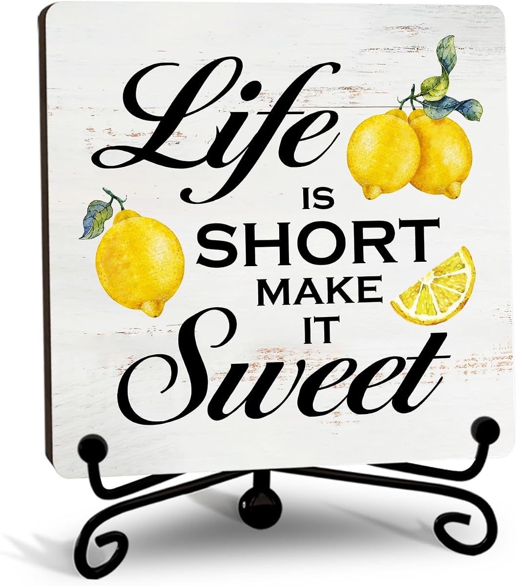 Decoración de cocina de limón | Decoraciones de limón para cocina, cartel rústico de madera con soporte para mesa de oficina en casa, estante-A01