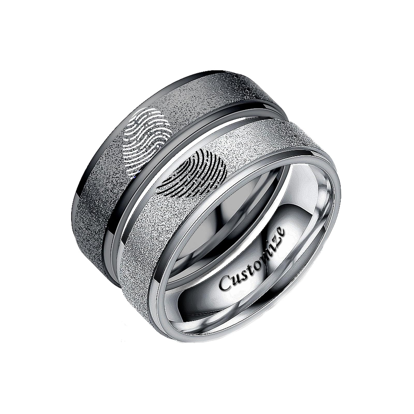 Personalice el Texto Grabado del Anillo de Huellas Dactilares del Corazón Esmerilado para Parejas, Mejores Amigos, Joyas Mate, Bandas de Anillo, Acero de Titanio, 6 mm, Plata Negra