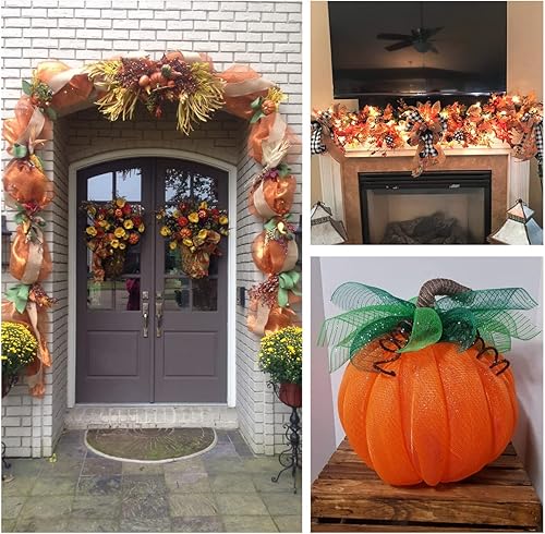 Miniatura 6 de Cieovo 4 rollos de cinta de malla de polietileno de Acción de Gracias, cinta de borde con alambre de otoño, 10 pulgadas x 30 pies, cinta de malla de