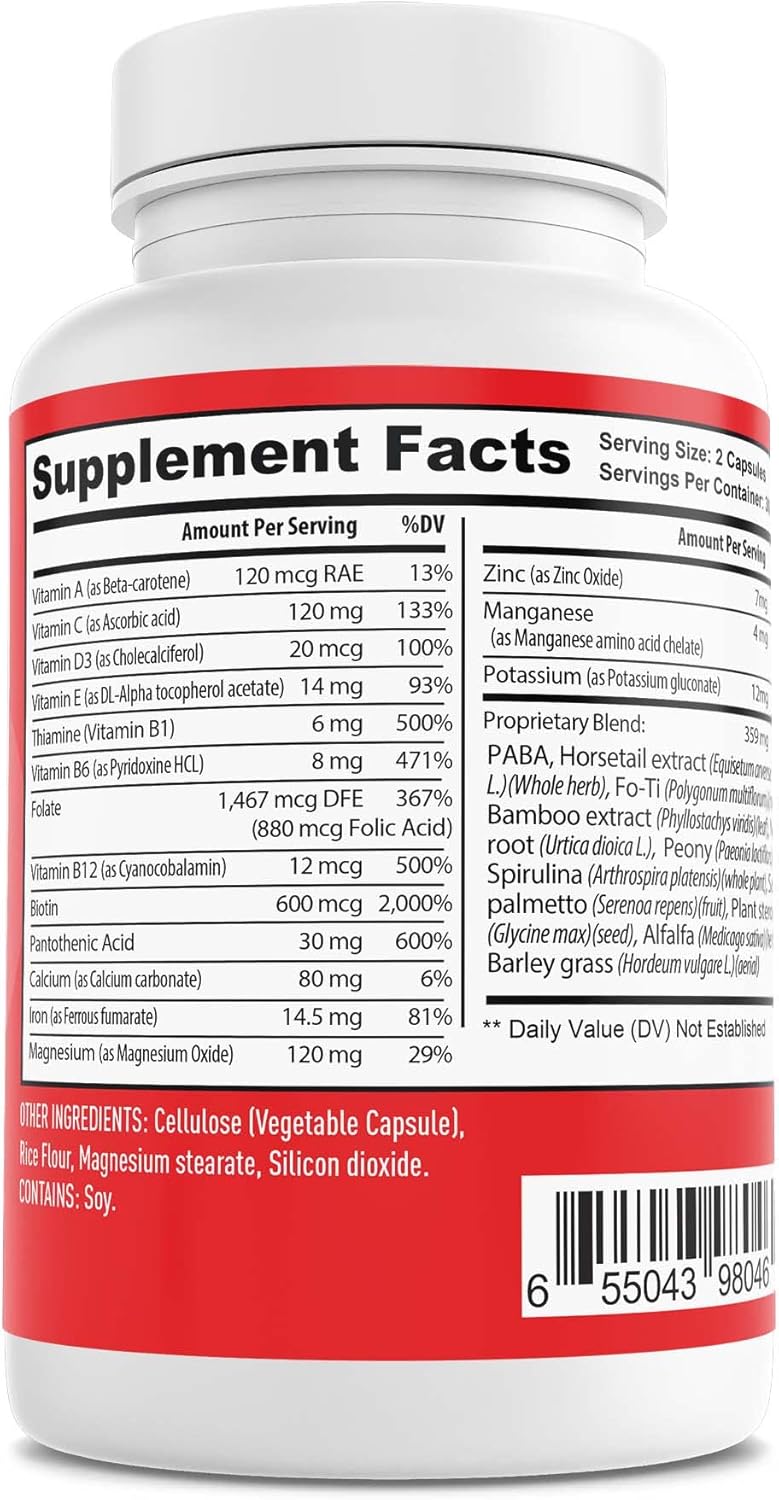 Love Me Nutrition® - Lights, Camera, Action - Hair Skin Nails Formula Men & Woman- B1 B6 B5 B12- Biotin Promotes Hair Growth, Glowing Skin, Strong Nails. Natural No Artificial Ingredients 60 Vegi Caps