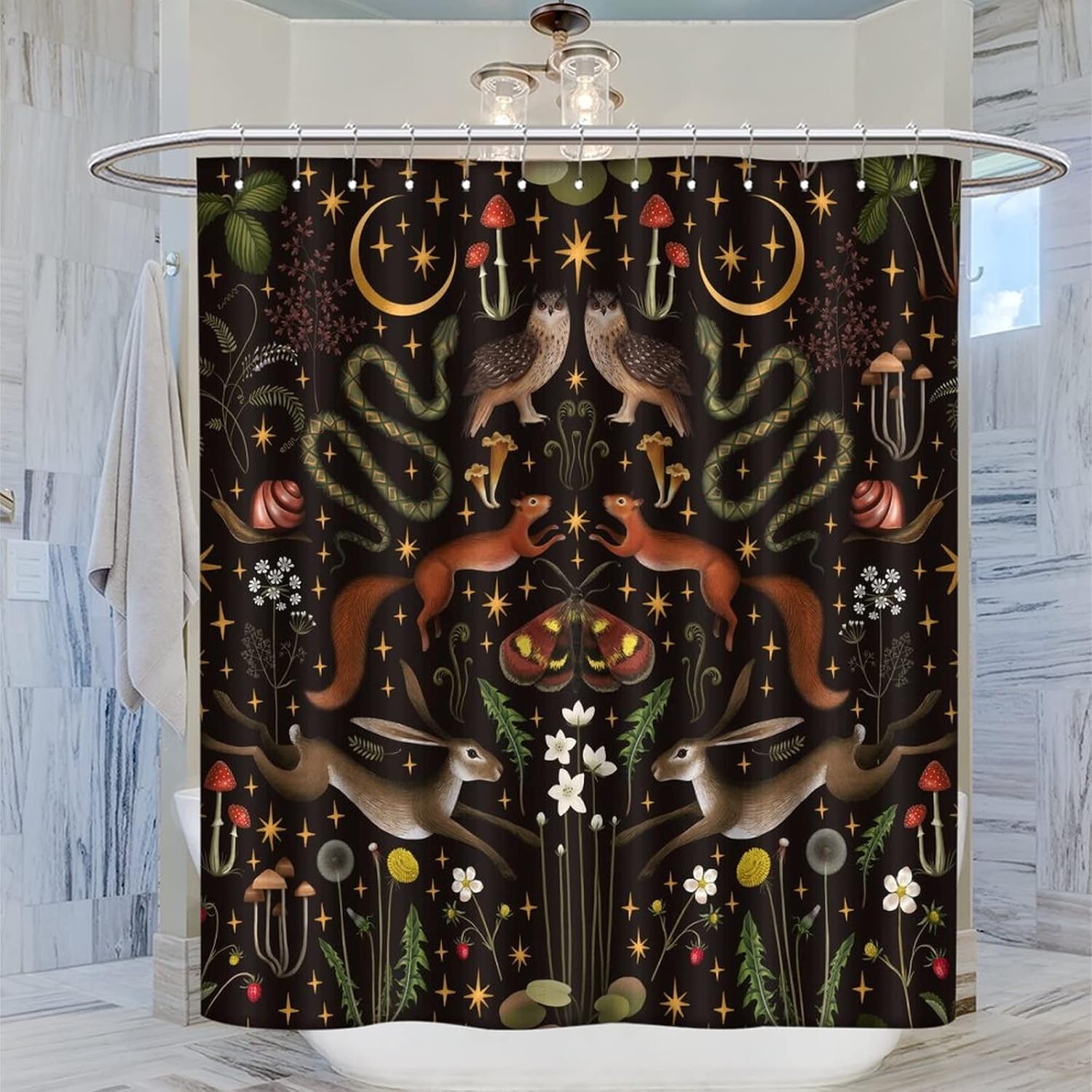 Rustic Forest Shower Curtain Fairy Tale Forest Land Moon Star Print Wild Animals Moth Mushroom Flowers Plants Suitable for Farmhouse Cottage Polyester Fabric for Bathroom 72x72inch(183x183cm)