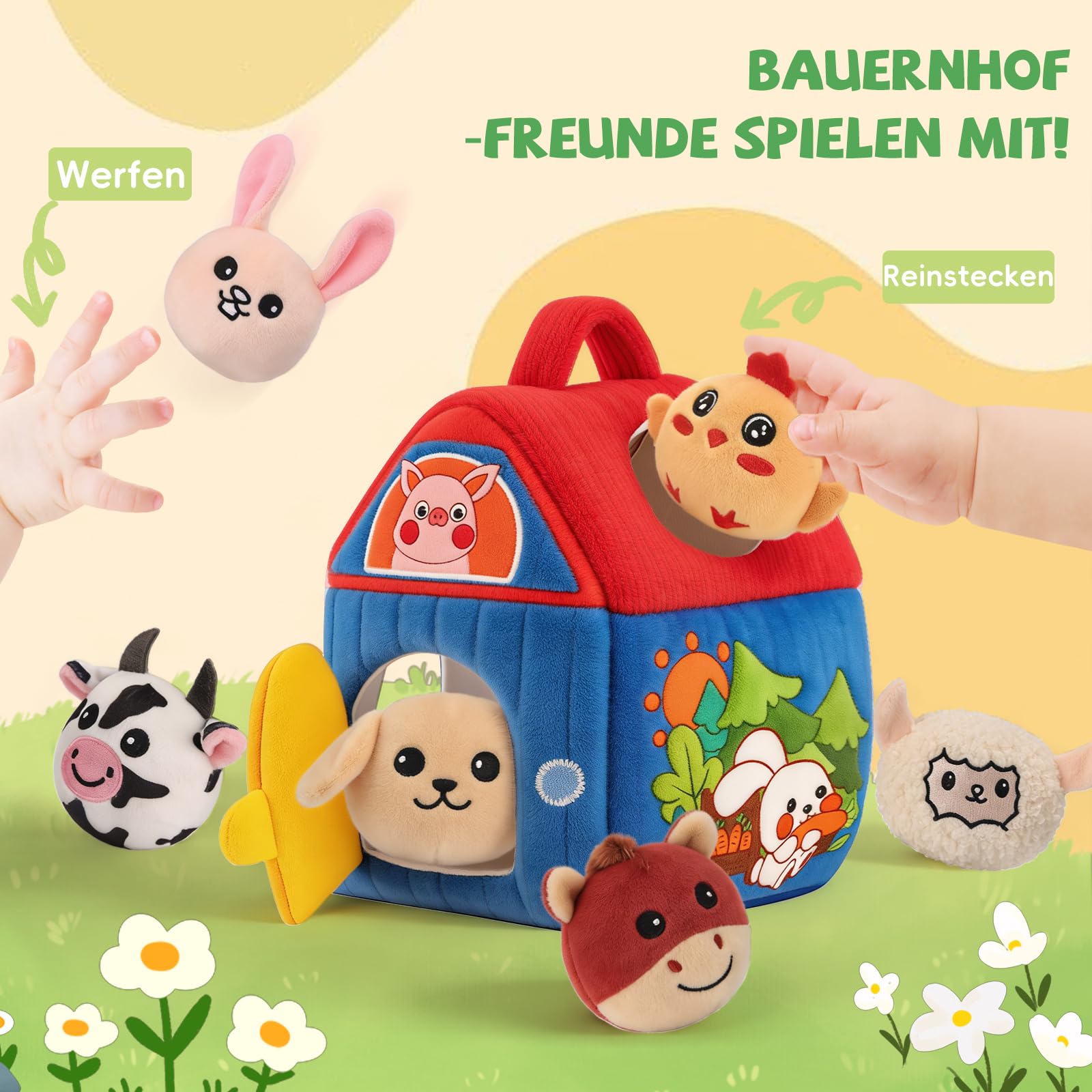 SAIMAND Baby Spielzeug 6-12 Monate – Überraschungs-Scheune mit Plüsch-Bauernhoftieren, Rassel & Spiegel, Montessori Sensorik Lernspielzeug für Kinder 1 2 3 Jahre, Geschenk zu Weihnachten & Geburtstag