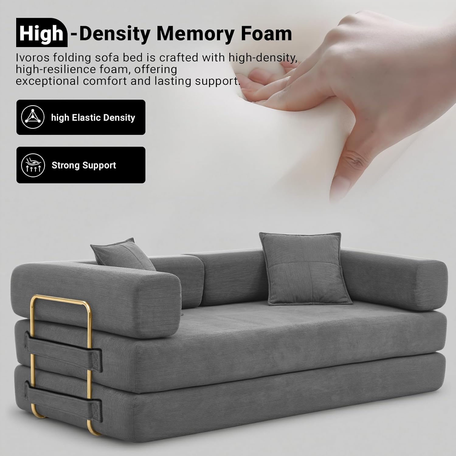 Convertible Sleeper Sofa Bed, Corduroy Folding Sofa Bed with Fixed-Shape Frame, Fold Out Floor Mattress Couch, Lazy Compression Sofa for Living Room, Bedroom, No Assembly Required, Grey