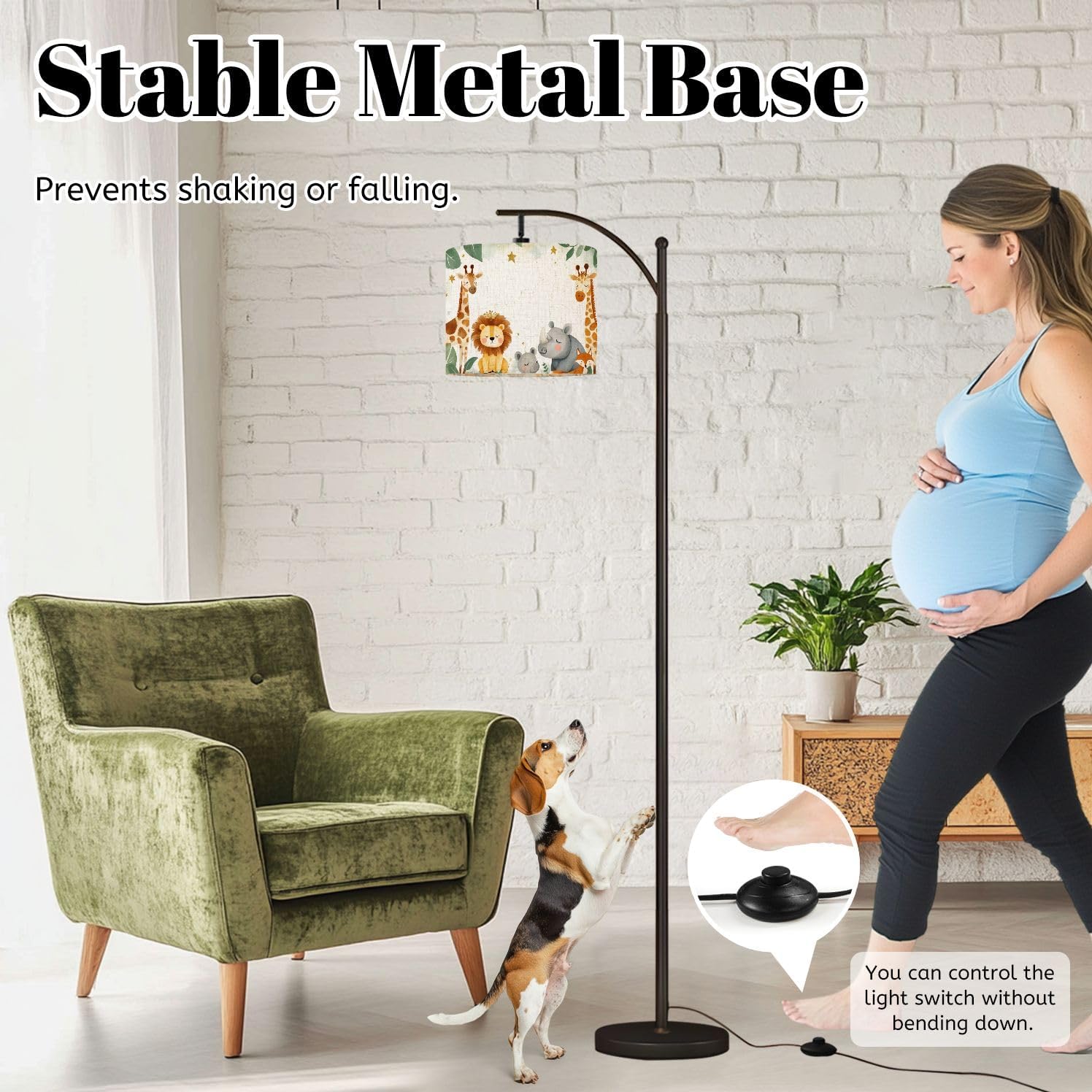 Arc Floor Lamp Animals Watercolor Baby Elephant Lion Zebra Giraffe Dimmable Modern Standing Lamp with Remote Adjustable Drum Shade Footswitch Tall Pole Lamp for Living Room Bedroom