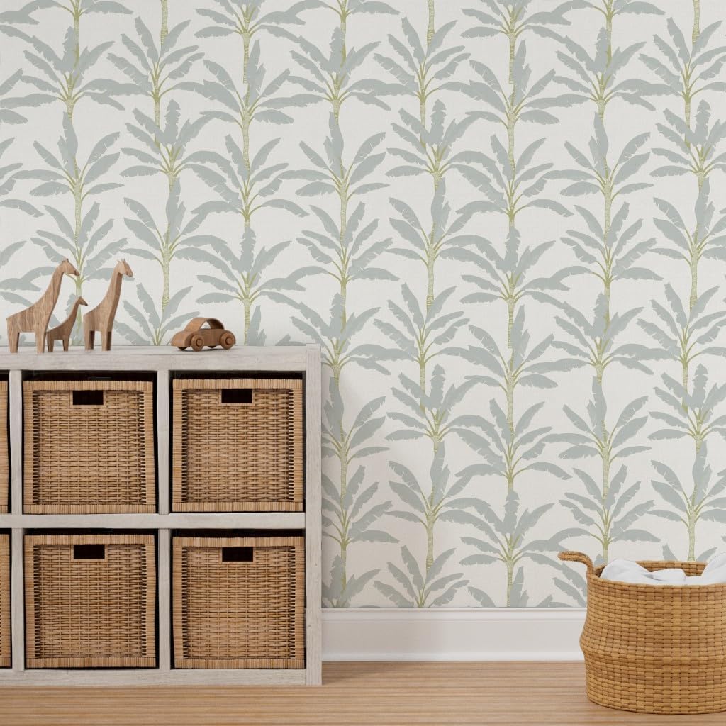 Peel & Stick Wallpaper 3ft x 2ft - Modern Coastal Pastel Mint Palms Large Green Nature Beach Custom Removable Wallpaper by Spoonflower