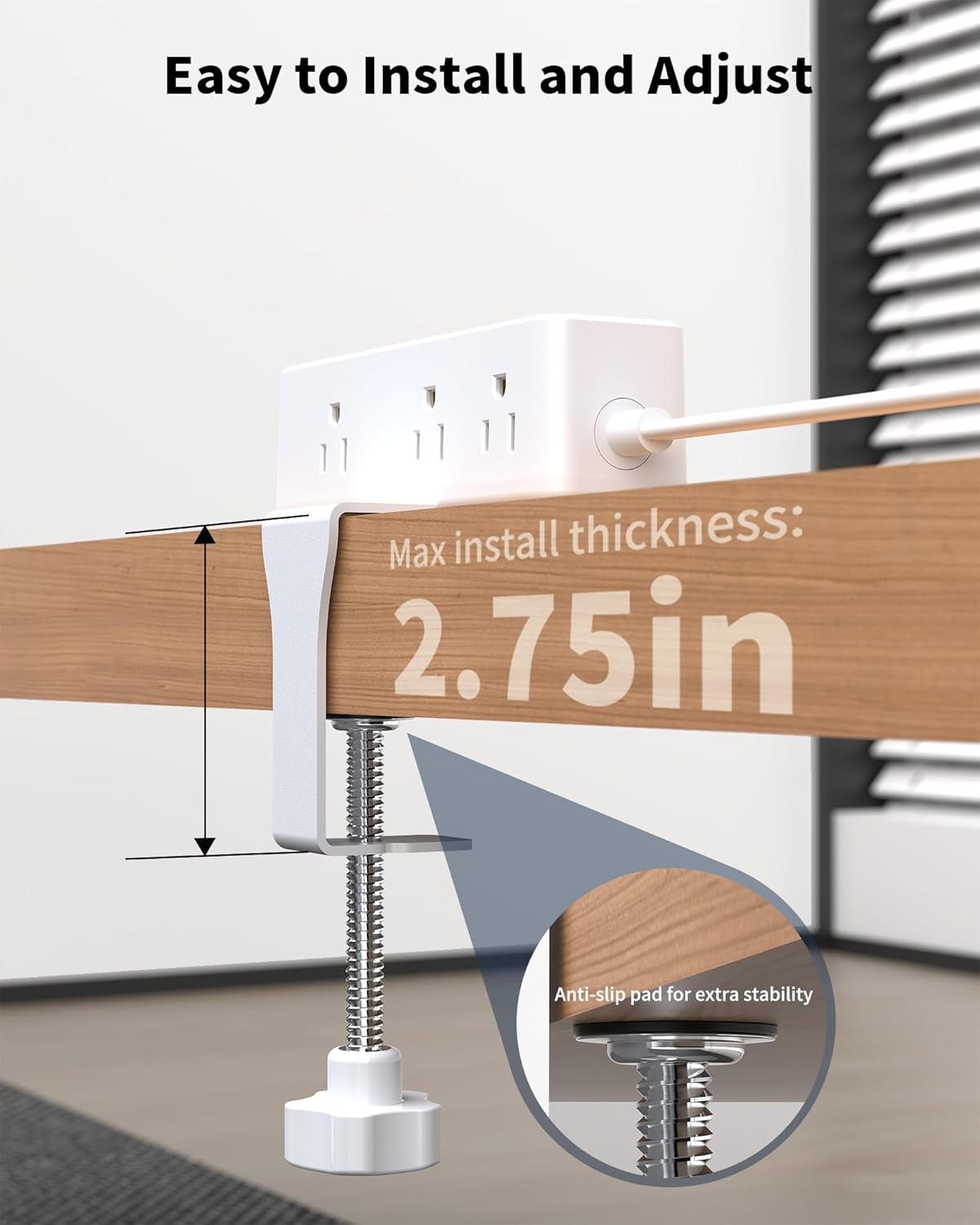 Desk Clamp Power Strip, Desktop Edge Mount Charging Station with 9 AC Outlets 4 USB (2 USB C), Fit 2.75" Tabletop, Under Desk Surge Protector 1700J, 10 Ft Extension Cord for Home Office, White
