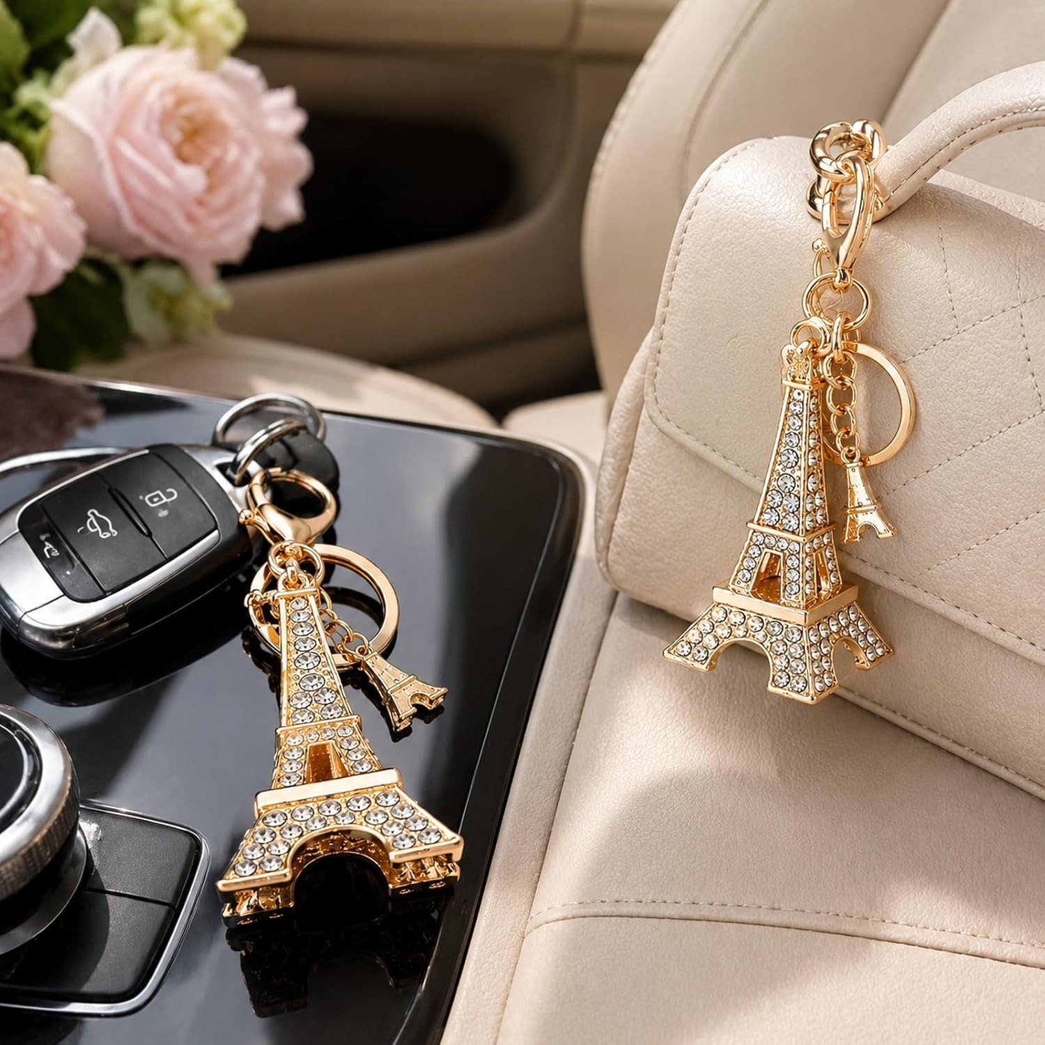 LUOZZY 2Pcs Eiffel Tower Keychains Rhinestone Keyring 3D Cubic Parisr Keychain French Souvenirs for Car Purse Hanbag Bag Decoration, Gold