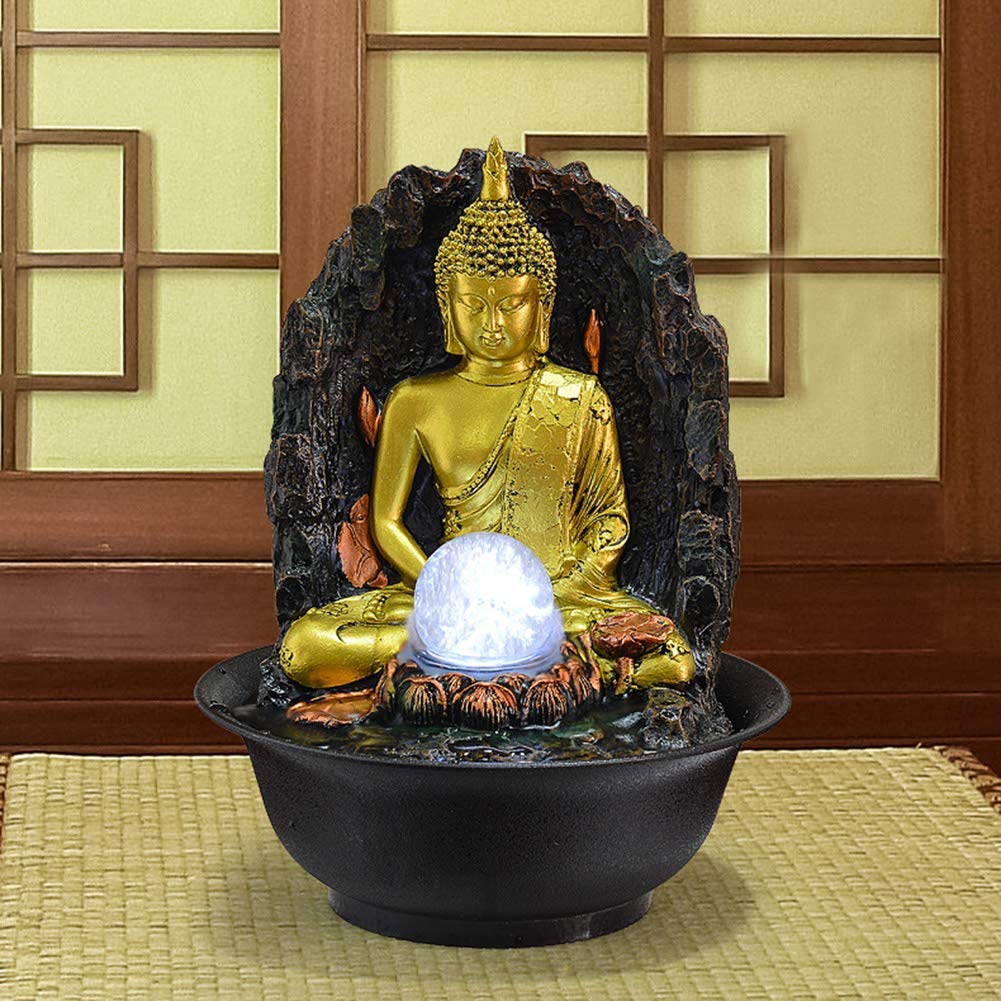 Una fontana di Buddha illuminata, fontana di meditazione zen per interni, statua di Buddha in resina, regali e decorazioni, fontana di acqua feng shui dorata da 11 pollici