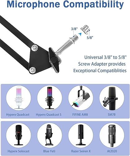 Miniatura 6 de BILIONE Soporte de micrófono, soporte de brazo de micrófono para Blue Yeti QuadCast S SoloCast Snowball AM8 y otros micrófonos, con filtro pop