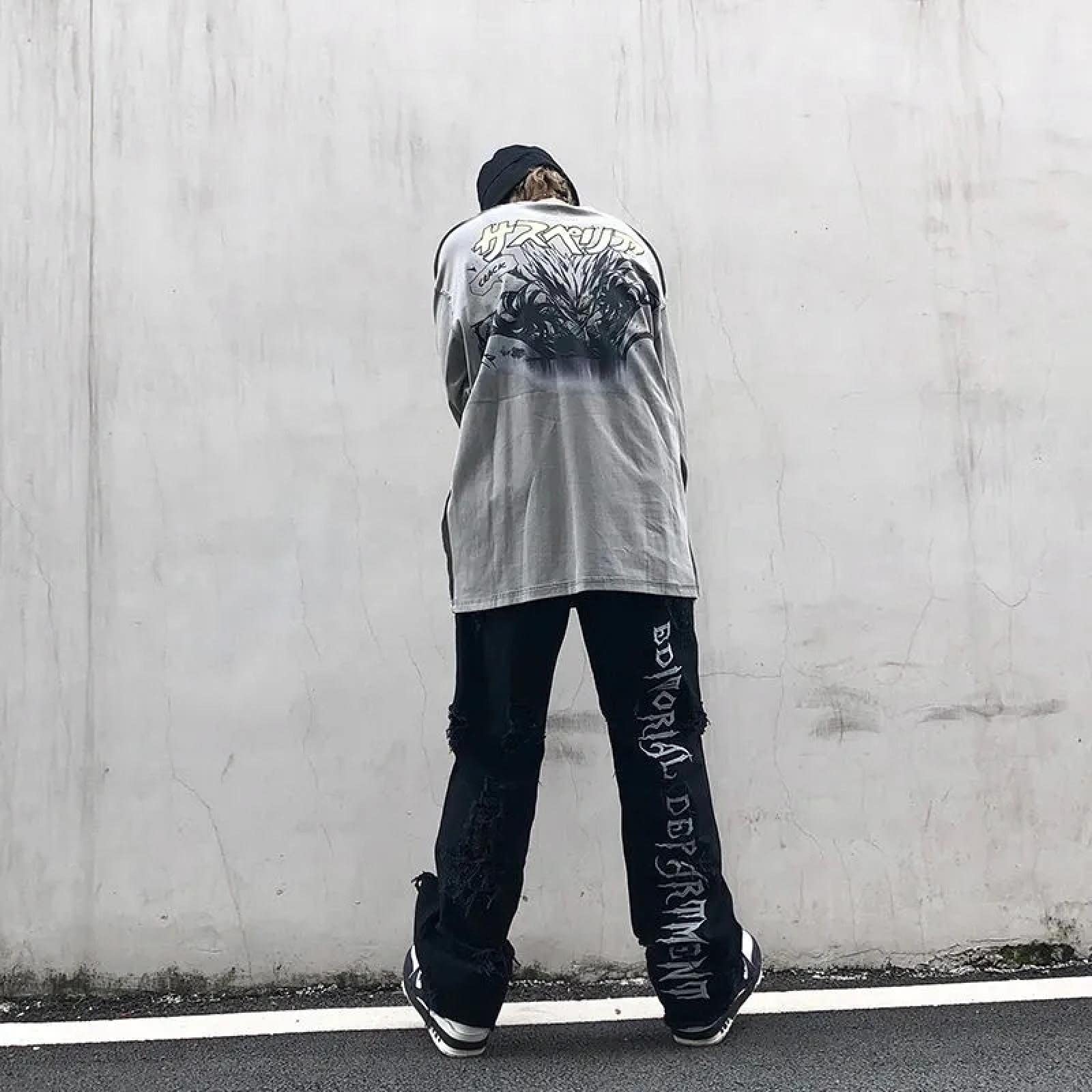Jeans Herren Jeanshosen Hose Freizeithose Stickerei Jeans Herren Streetwear Loose Destroyed Ripped Jeans Homme Hip Hop Broken Biker Denim Pants Schwarz