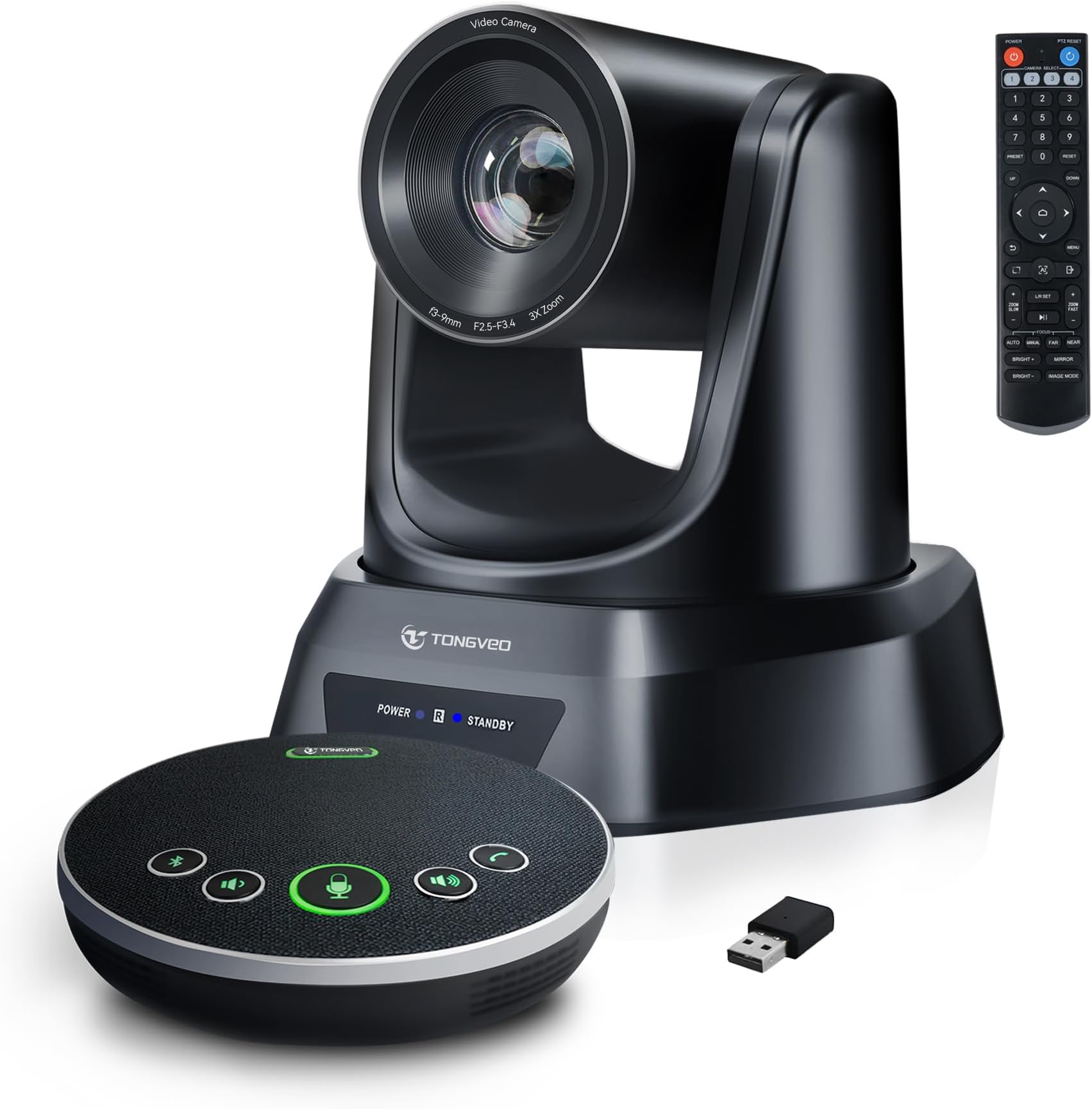 TONGVEO AI PTZ Auto-Tracking Camera with Bluetooth Microphone, 3X Optical Zoom 1080P 60fps All-in-One Video Conference System, 93° Wide Angle Webcam for Church Live Streaming Office